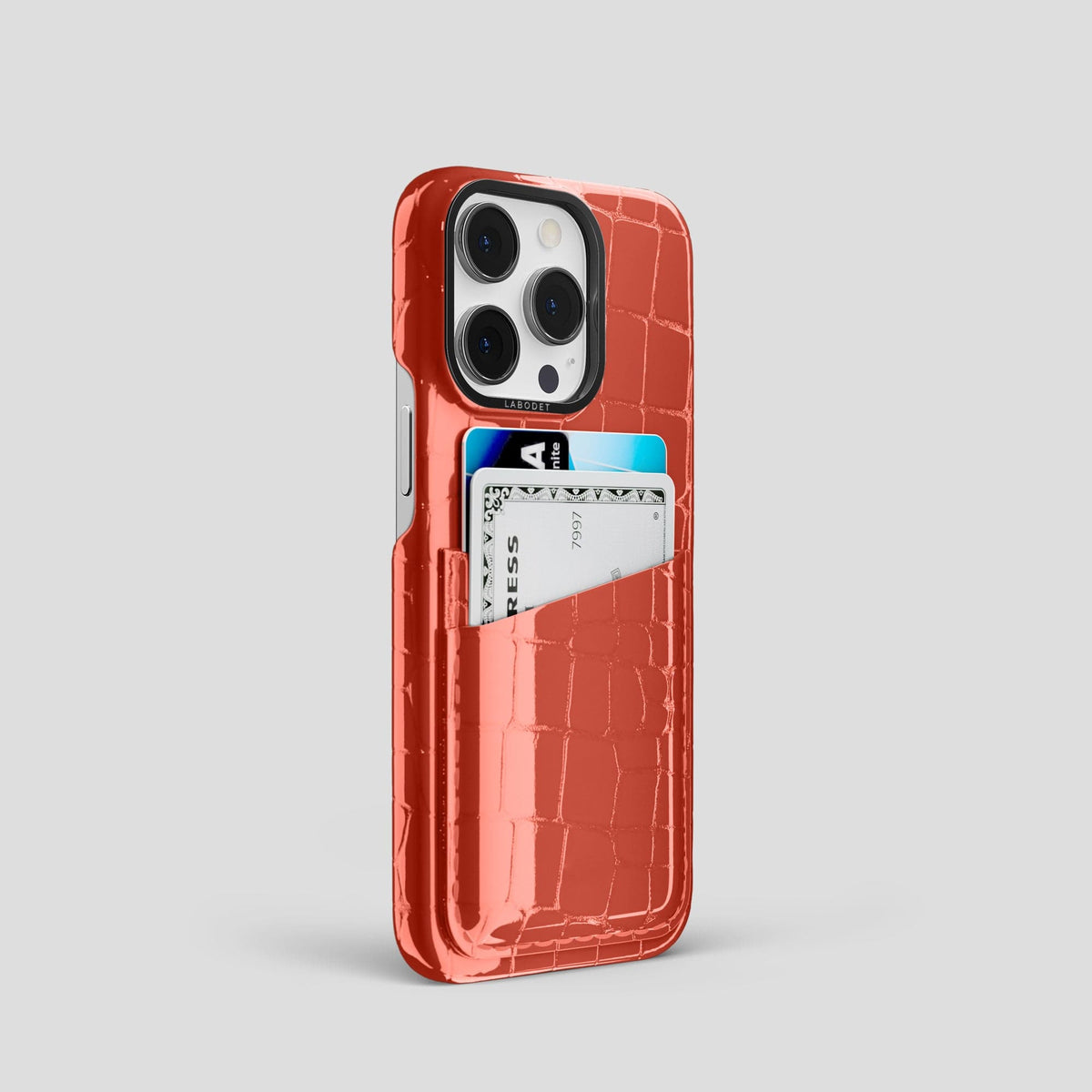 Coral Orange iPhone 13 Pro Double Card Case Shiny Alligator with Black Metal -2 | Coral-Orange-Black