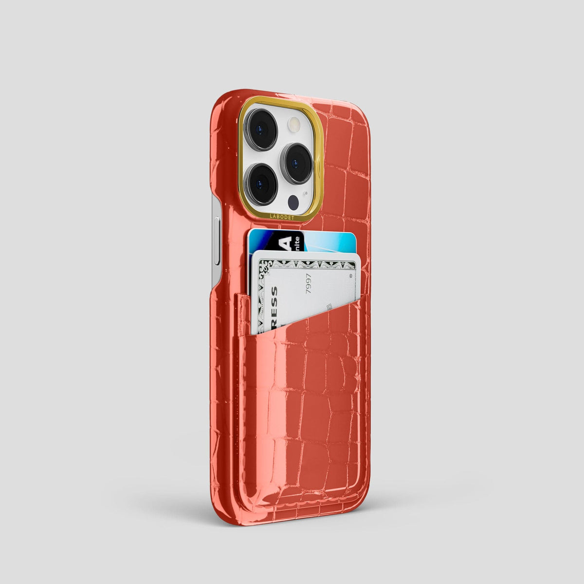 Coral Orange iPhone 13 Pro Double Card Case Shiny Alligator with Gold Metal -2 | Coral-Orange-Gold