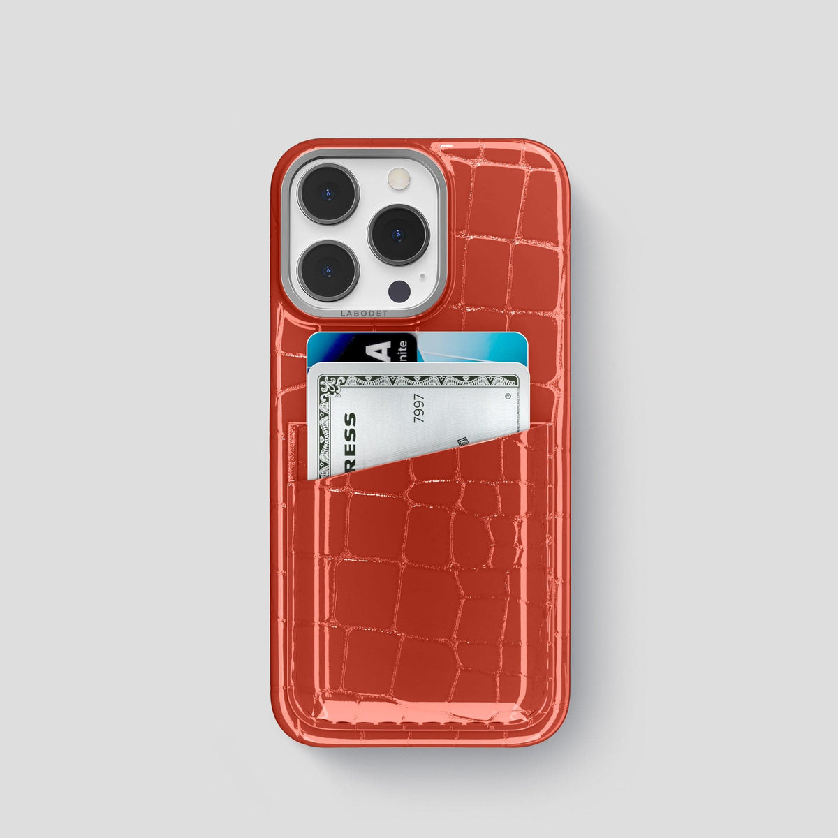 Coral Orange iPhone 13 Pro Double Card Case Shiny Alligator with Steel Metal -1 | Coral-Orange-Steel