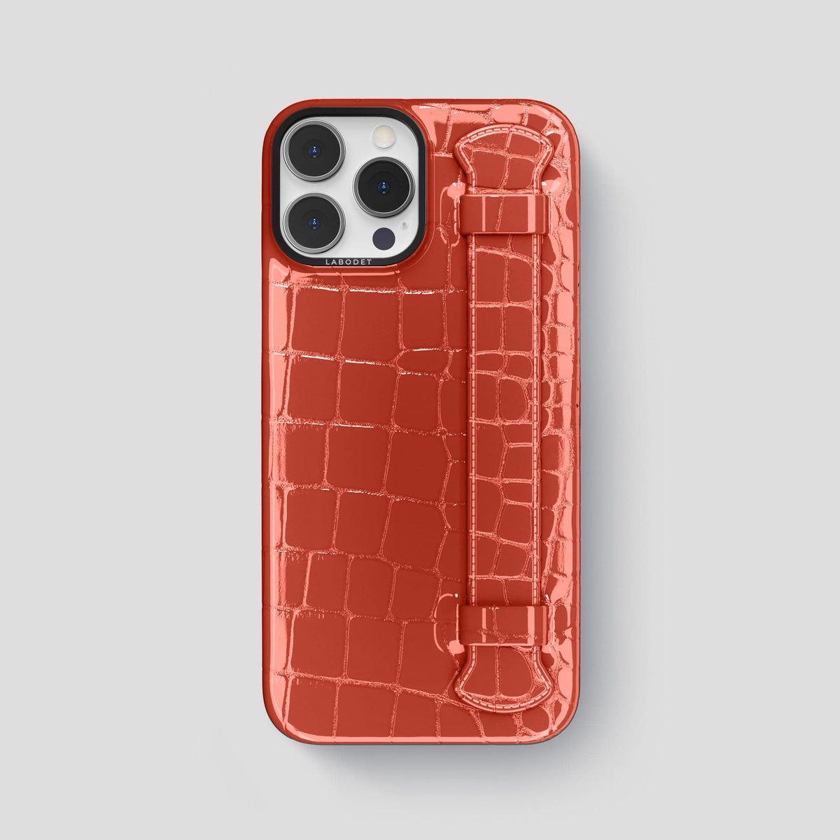 Coral Orange iPhone 13 Pro Max Case Shiny Alligator with Black Metal -1 | Coral-Orange-Black