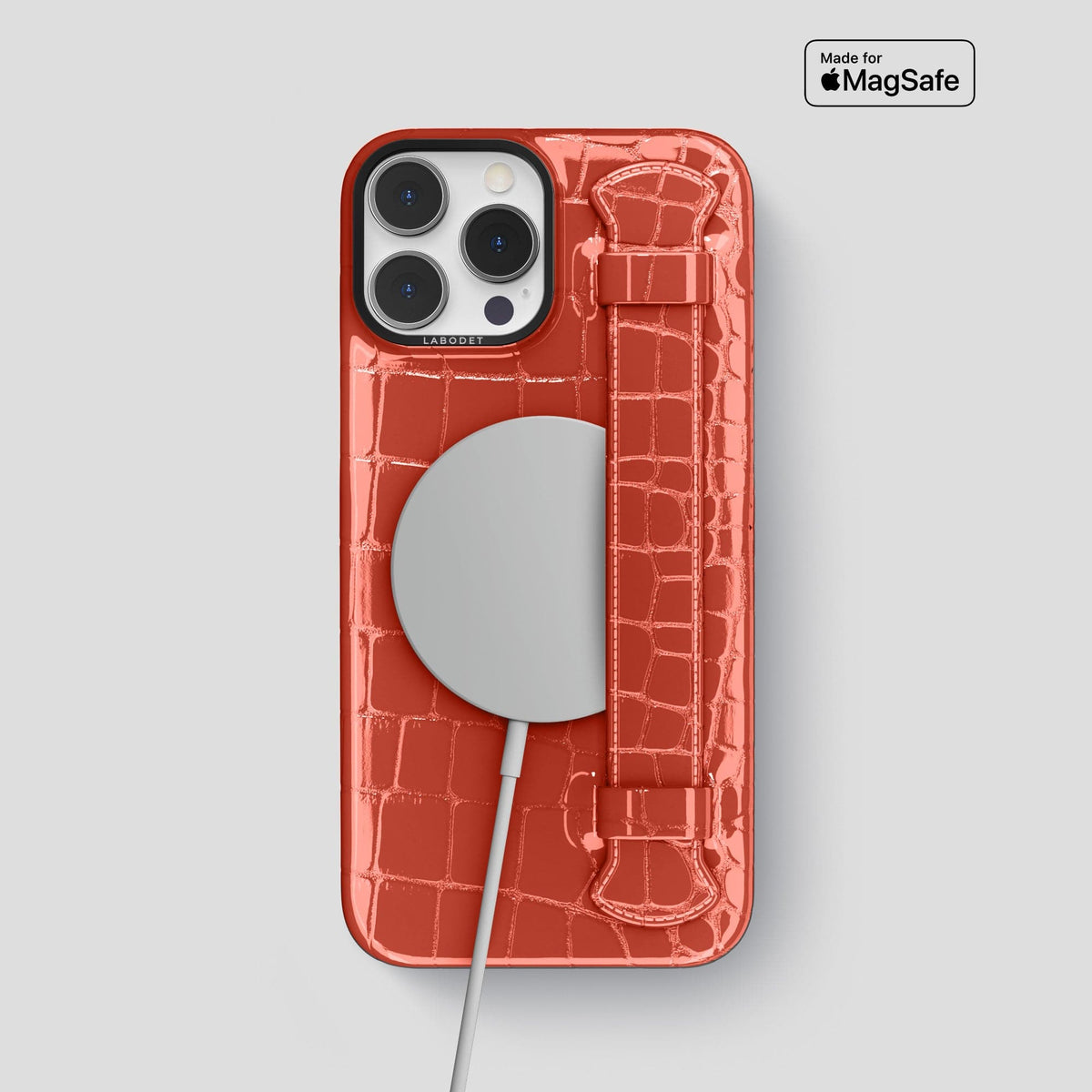 Coral Orange iPhone 13 Pro Max Case Shiny Alligator with Black Metal -5 | Coral-Orange-Black