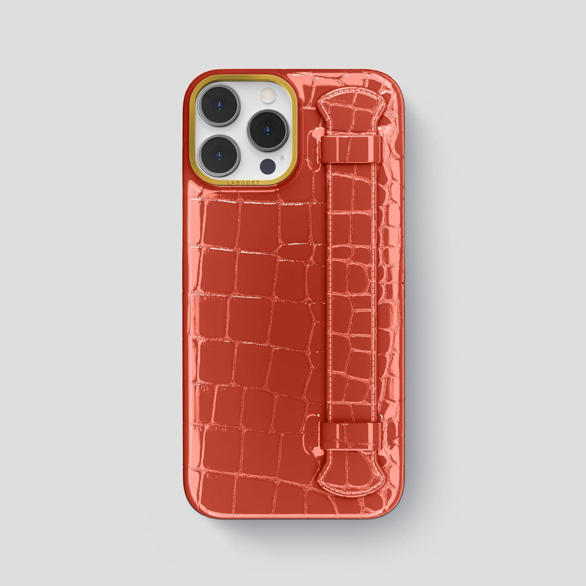 Coral Orange iPhone 13 Pro Max Case Shiny Alligator with Gold Metal -1 | Coral-Orange-Gold