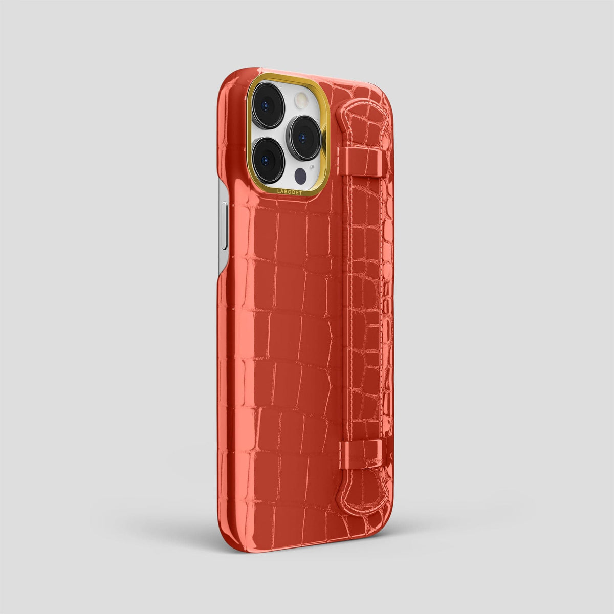 Coral Orange iPhone 13 Pro Max Case Shiny Alligator with Gold Metal -2 | Coral-Orange-Gold