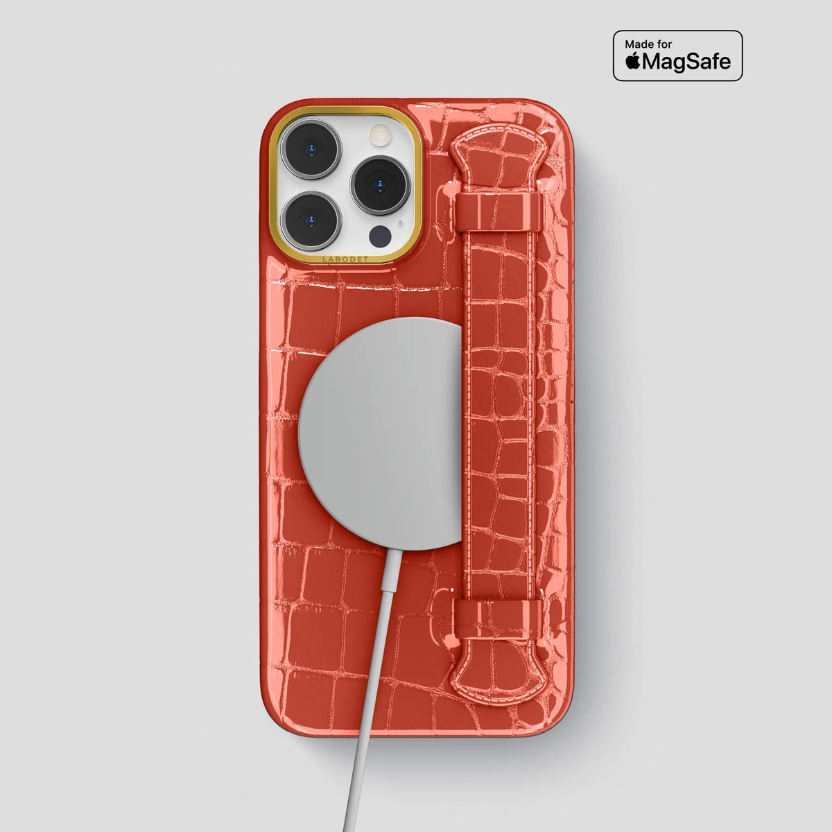 Coral Orange iPhone 13 Pro Max Case Shiny Alligator with Gold Metal -5 | Coral-Orange-Gold