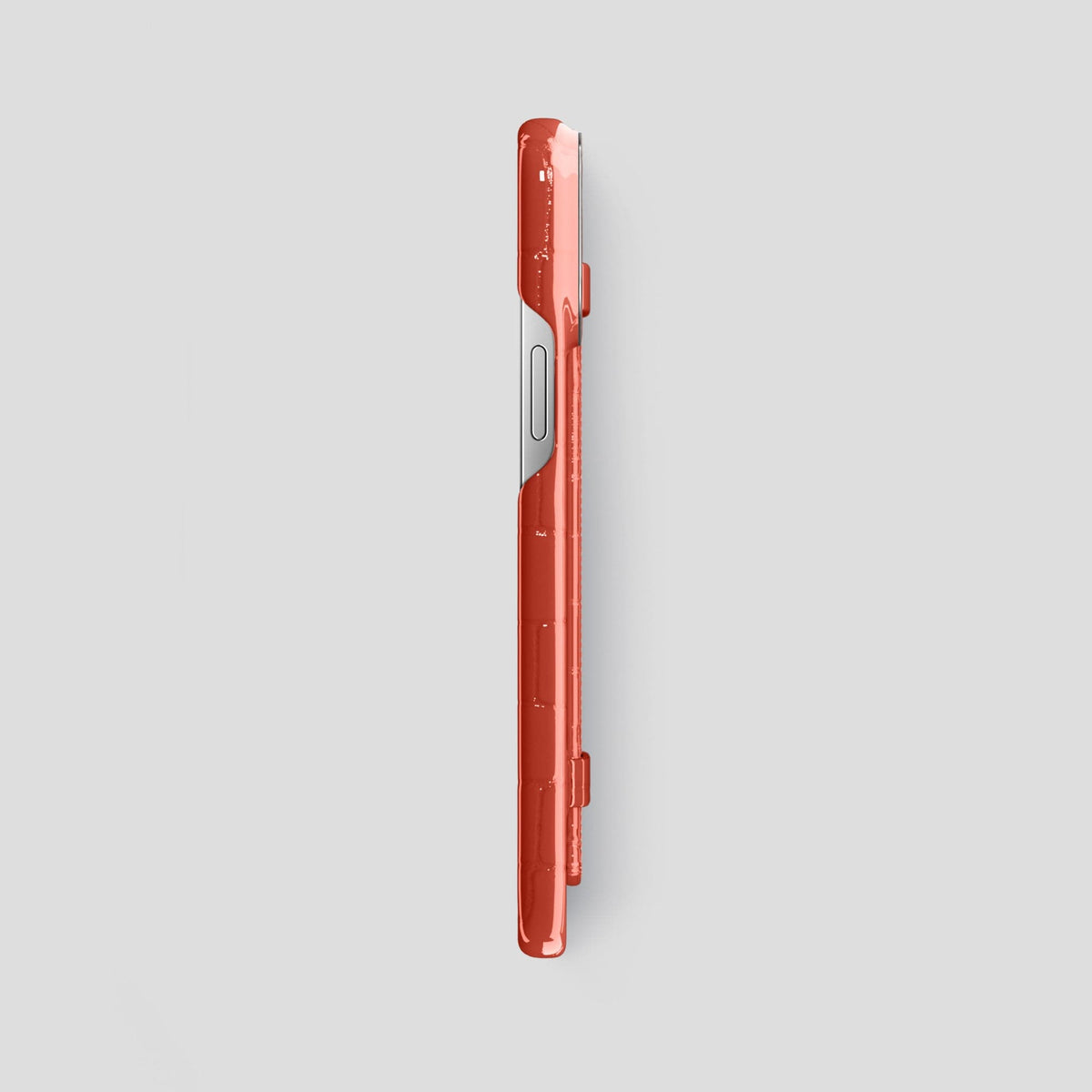 Coral Orange iPhone 13 Pro Max Case Shiny Alligator with Steel Metal -3 | Coral-Orange-Steel