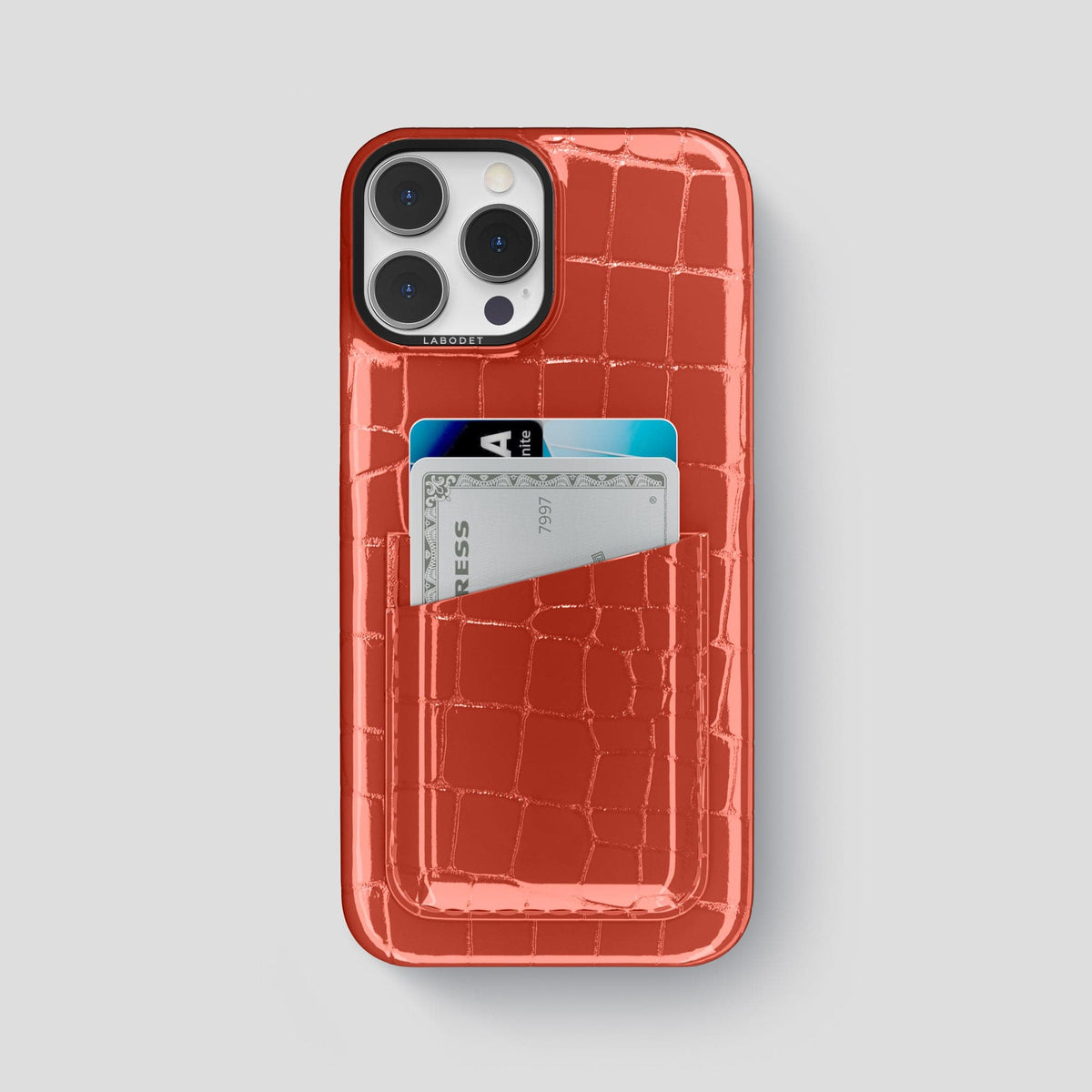 Coral Orange iPhone 13 Pro Max Double Card Case Shiny Alligator with Black Metal -1 | Coral-Orange-Black