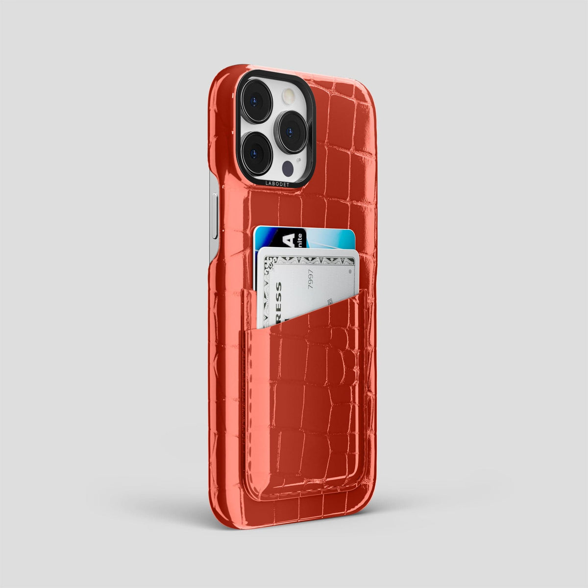 Coral Orange iPhone 13 Pro Max Double Card Case Shiny Alligator with Black Metal -2 | Coral-Orange-Black