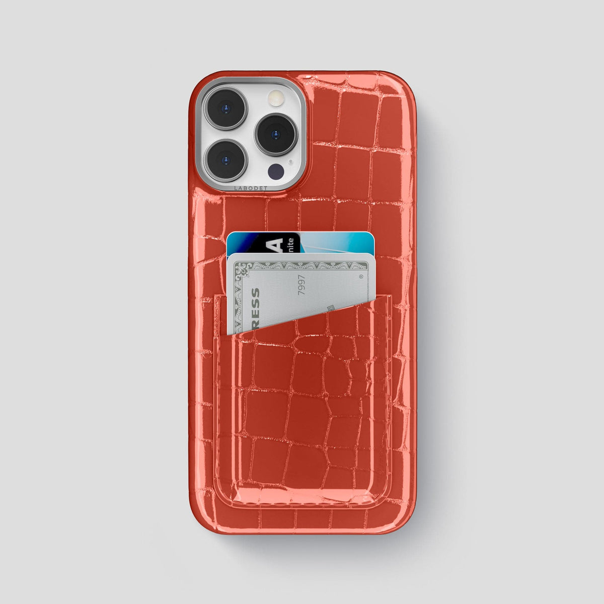 Coral Orange iPhone 13 Pro Max Double Card Case Shiny Alligator with Steel Metal -1 | Coral-Orange-Steel