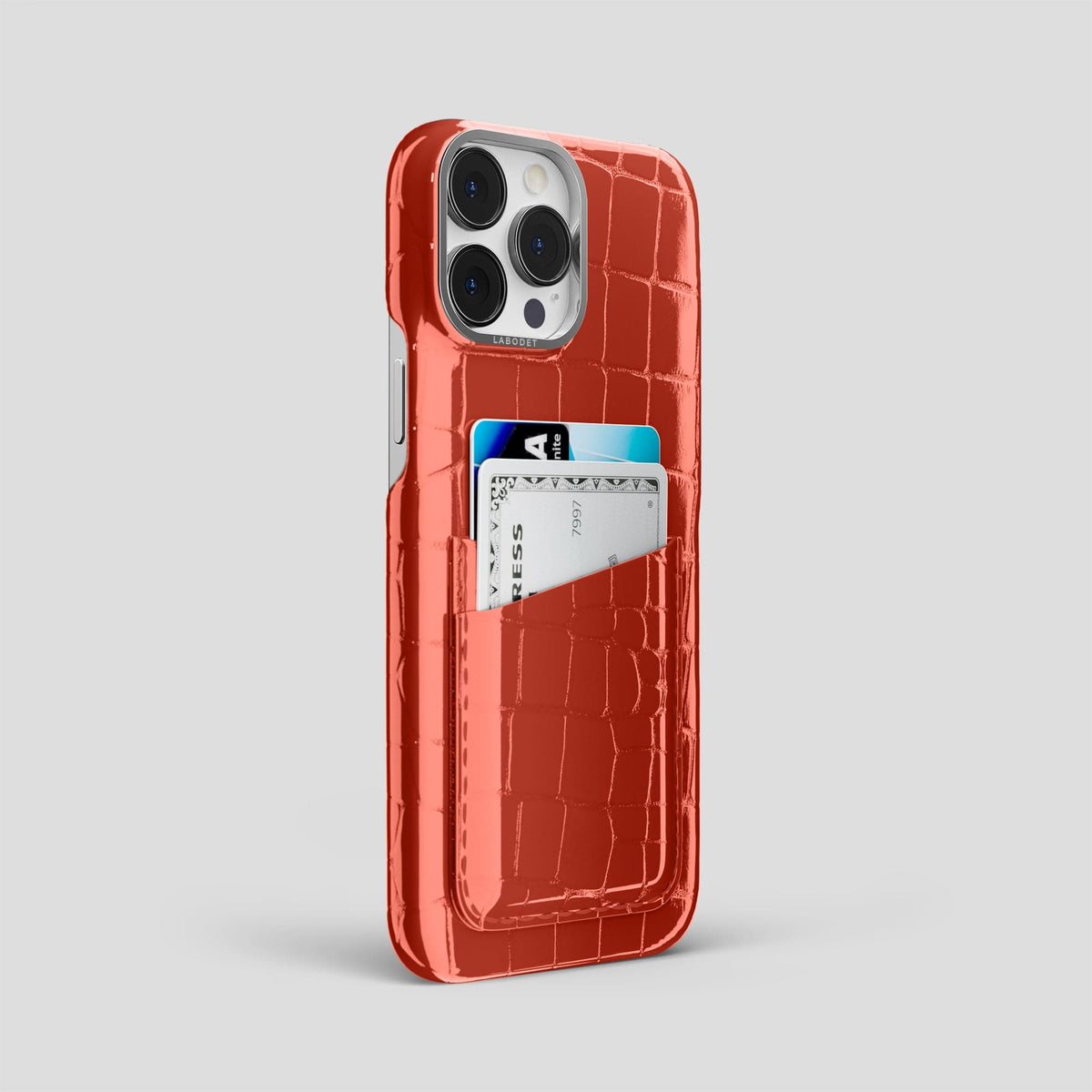 Coral Orange iPhone 13 Pro Max Double Card Case Shiny Alligator with Steel Metal -2 | Coral-Orange-Steel