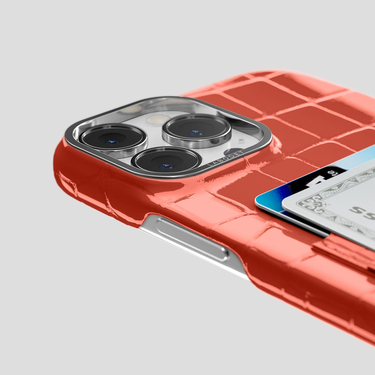 Coral Orange iPhone 13 Pro Max Double Card Case Shiny Alligator with Steel Metal -5 | Coral-Orange-Steel