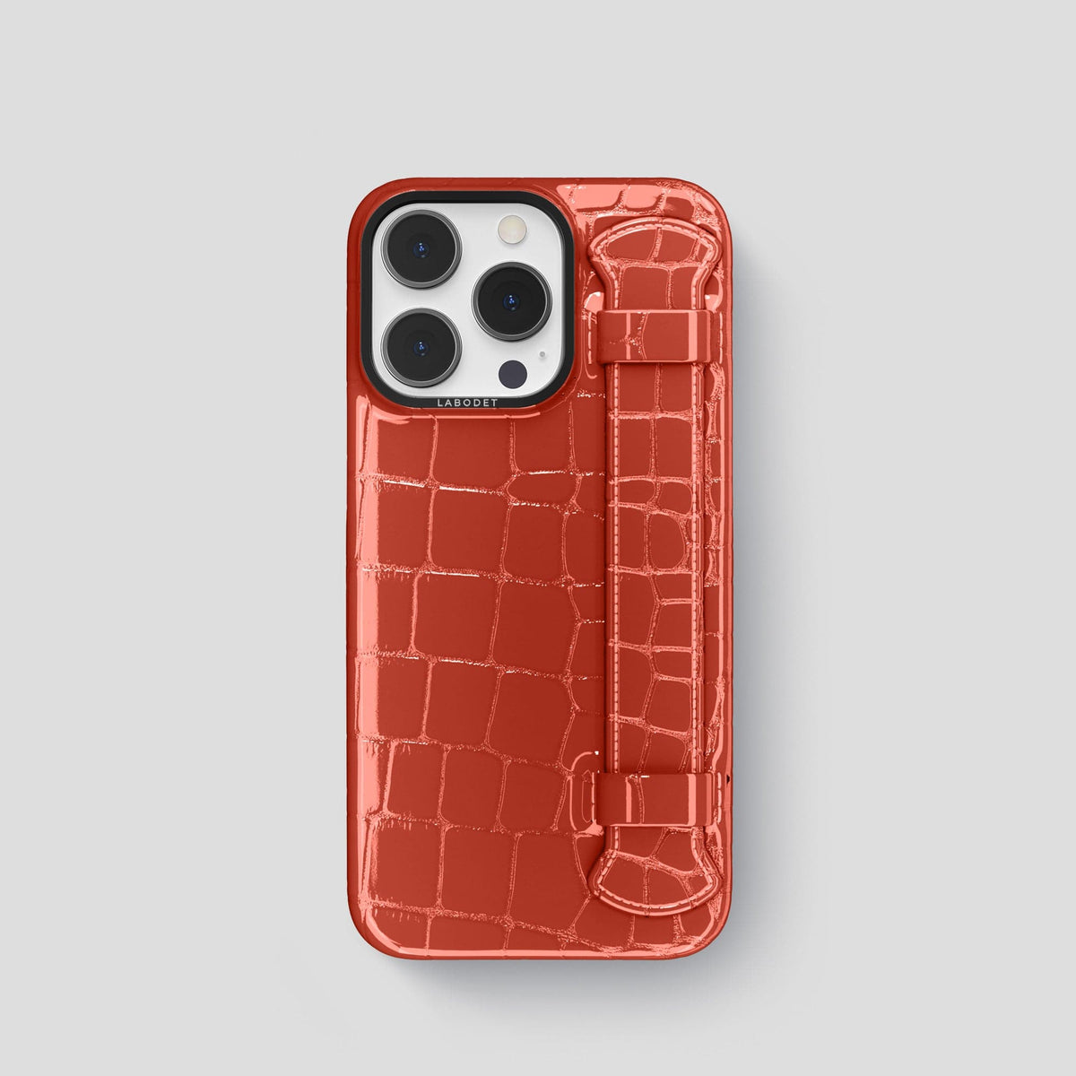 Coral Orange iPhone 13 Pro Strap Case Shiny Alligator with Black Metal -1 | Coral-Orange-Black
