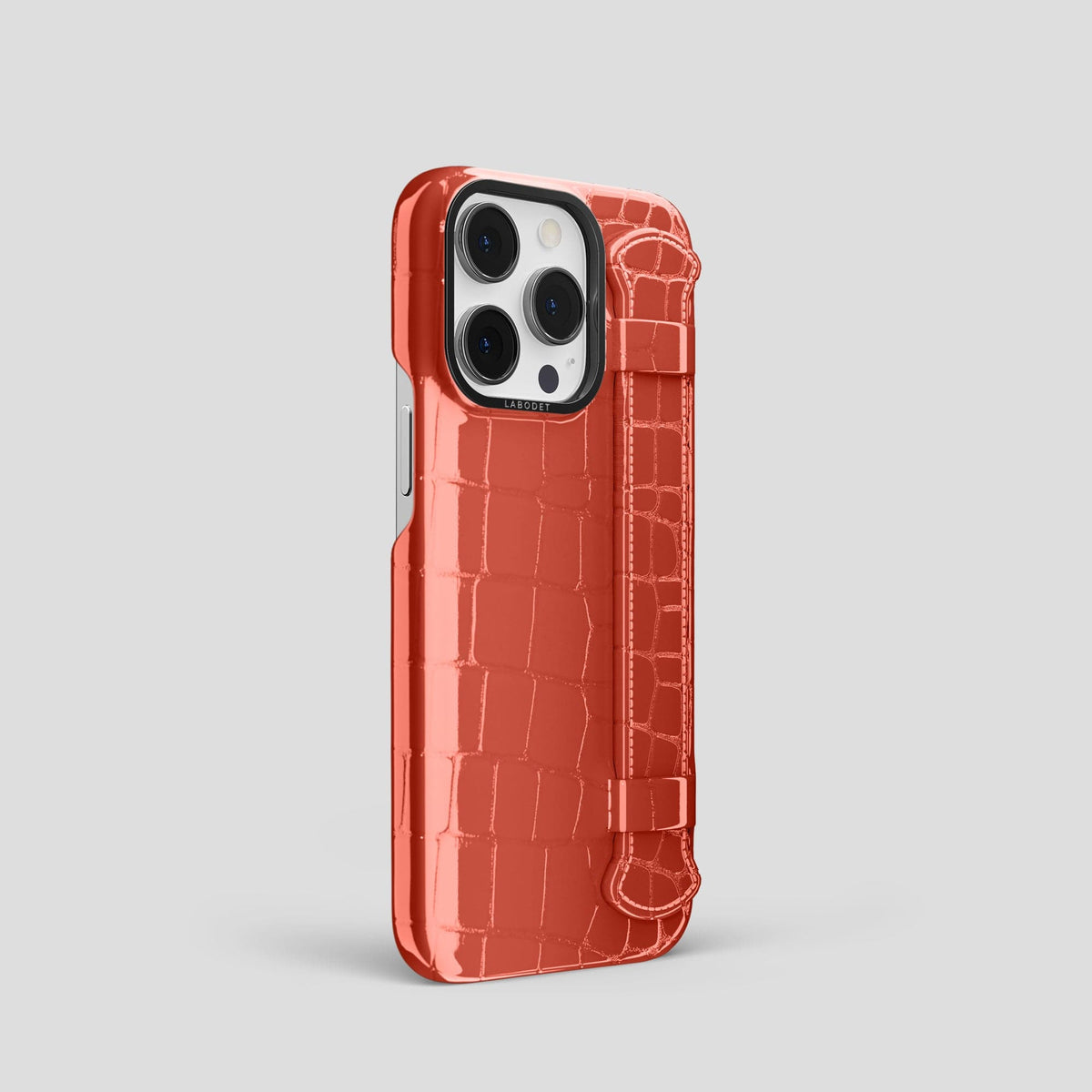 Coral Orange iPhone 13 Pro Strap Case Shiny Alligator with Black Metal -2 | Coral-Orange-Black
