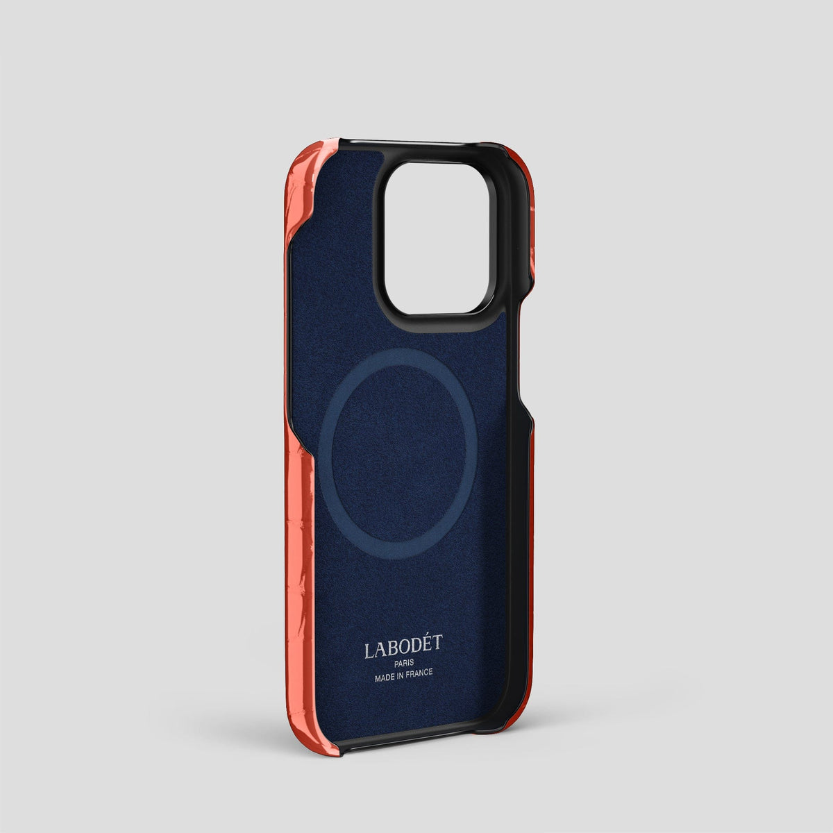 Coral Orange iPhone 13 Pro Strap Case Shiny Alligator with Black Metal -4 | Coral-Orange-Black