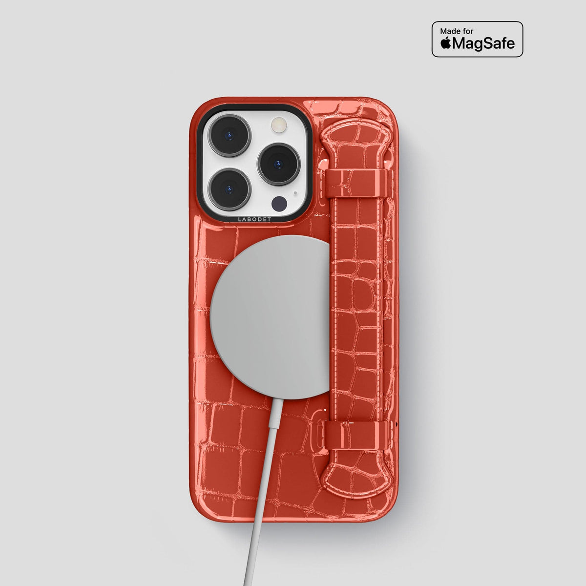 Coral Orange iPhone 13 Pro Strap Case Shiny Alligator with Black Metal -5 | Coral-Orange-Black