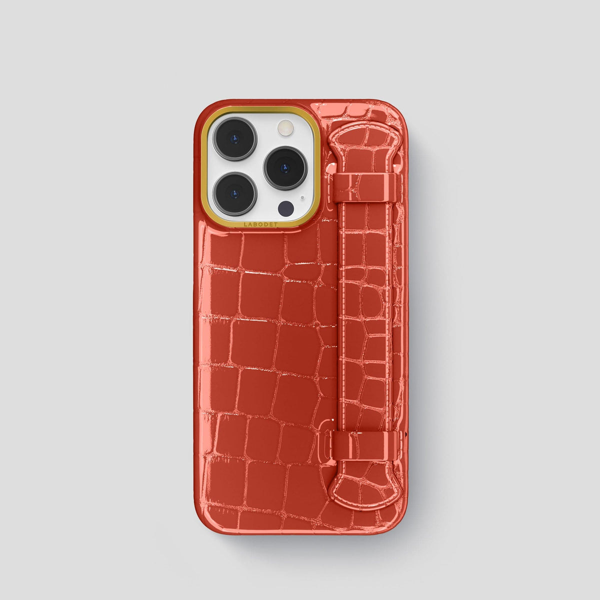 Coral Orange iPhone 13 Pro Strap Case Shiny Alligator with Gold Metal -1 | Coral-Orange-Gold