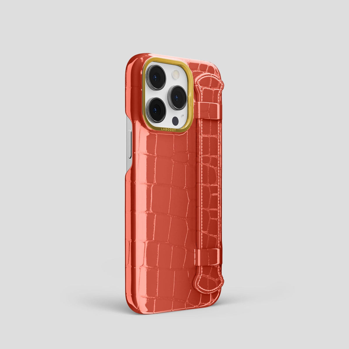 Coral Orange iPhone 13 Pro Strap Case Shiny Alligator with Gold Metal -2 | Coral-Orange-Gold