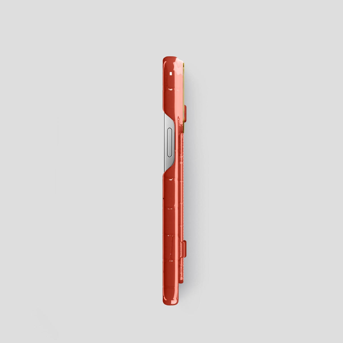 Coral Orange iPhone 13 Pro Strap Case Shiny Alligator with Gold Metal -3 | Coral-Orange-Gold