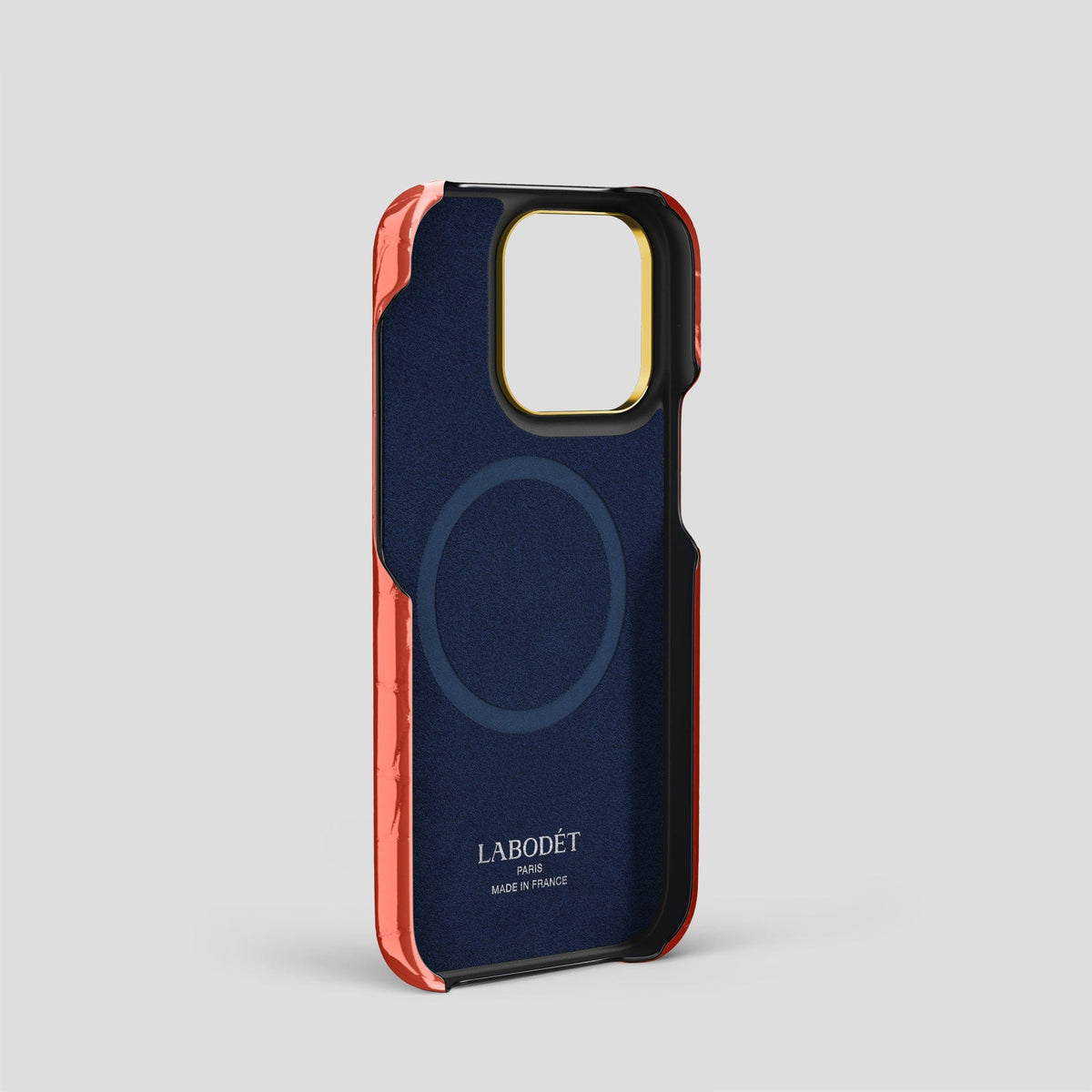 Coral Orange iPhone 13 Pro Strap Case Shiny Alligator with Gold Metal -4 | Coral-Orange-Gold
