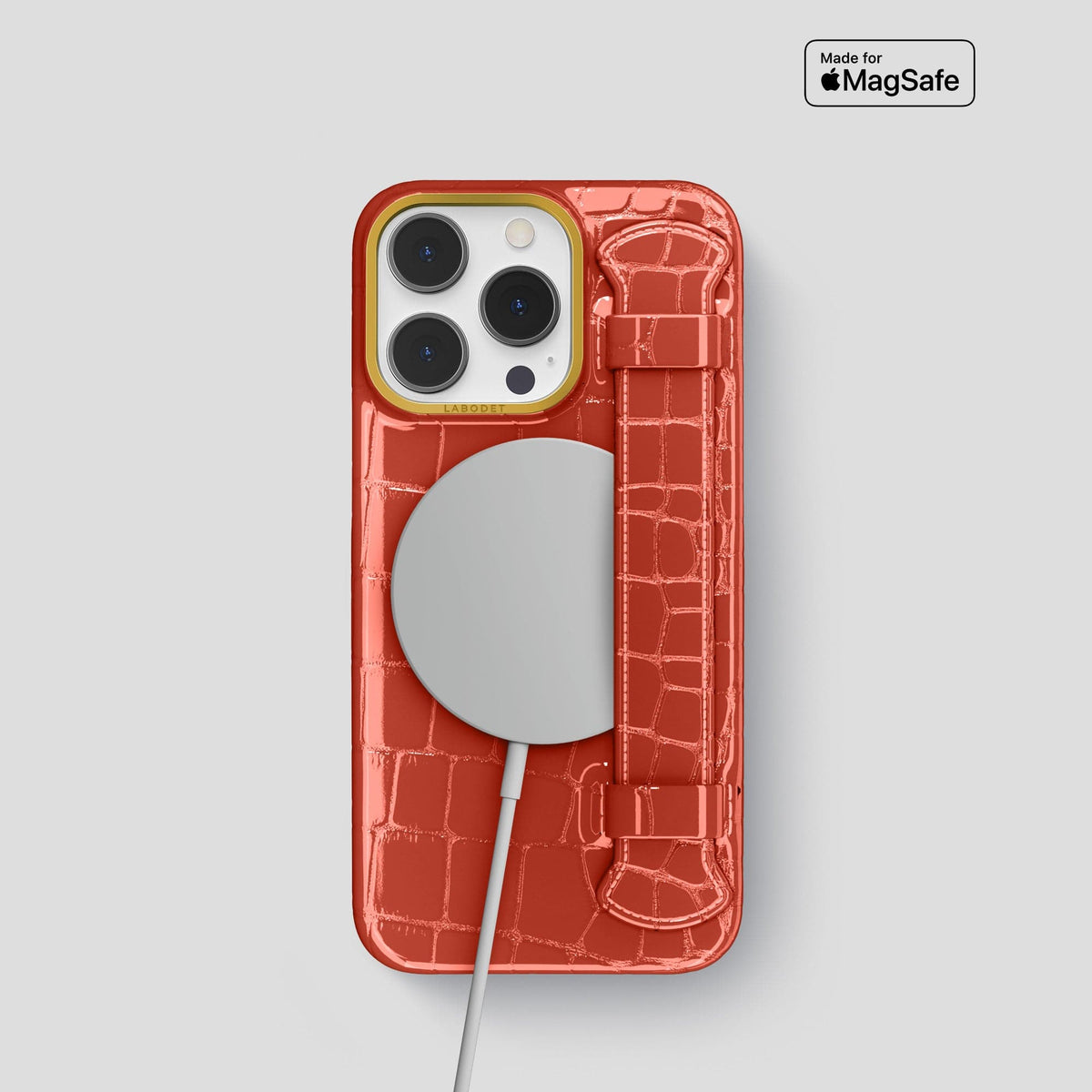 Coral Orange iPhone 13 Pro Strap Case Shiny Alligator with Gold Metal -5 | Coral-Orange-Gold