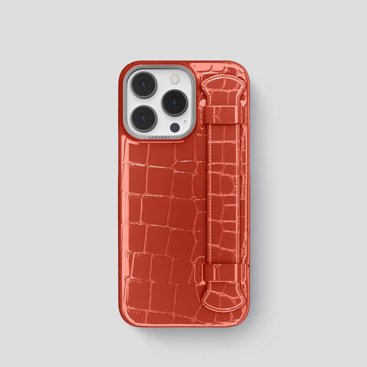 Coral Orange iPhone 13 Pro Strap Case Shiny Alligator with Steel Metal -1 | Coral-Orange-Steel