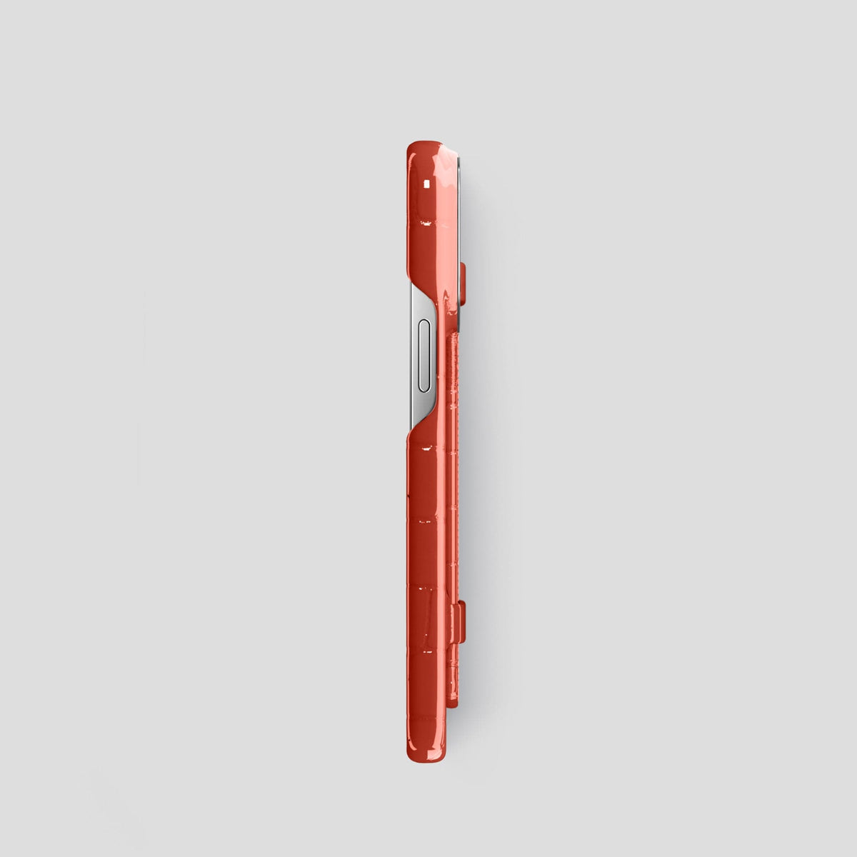 Coral Orange iPhone 13 Pro Strap Case Shiny Alligator with Steel Metal -3 | Coral-Orange-Steel