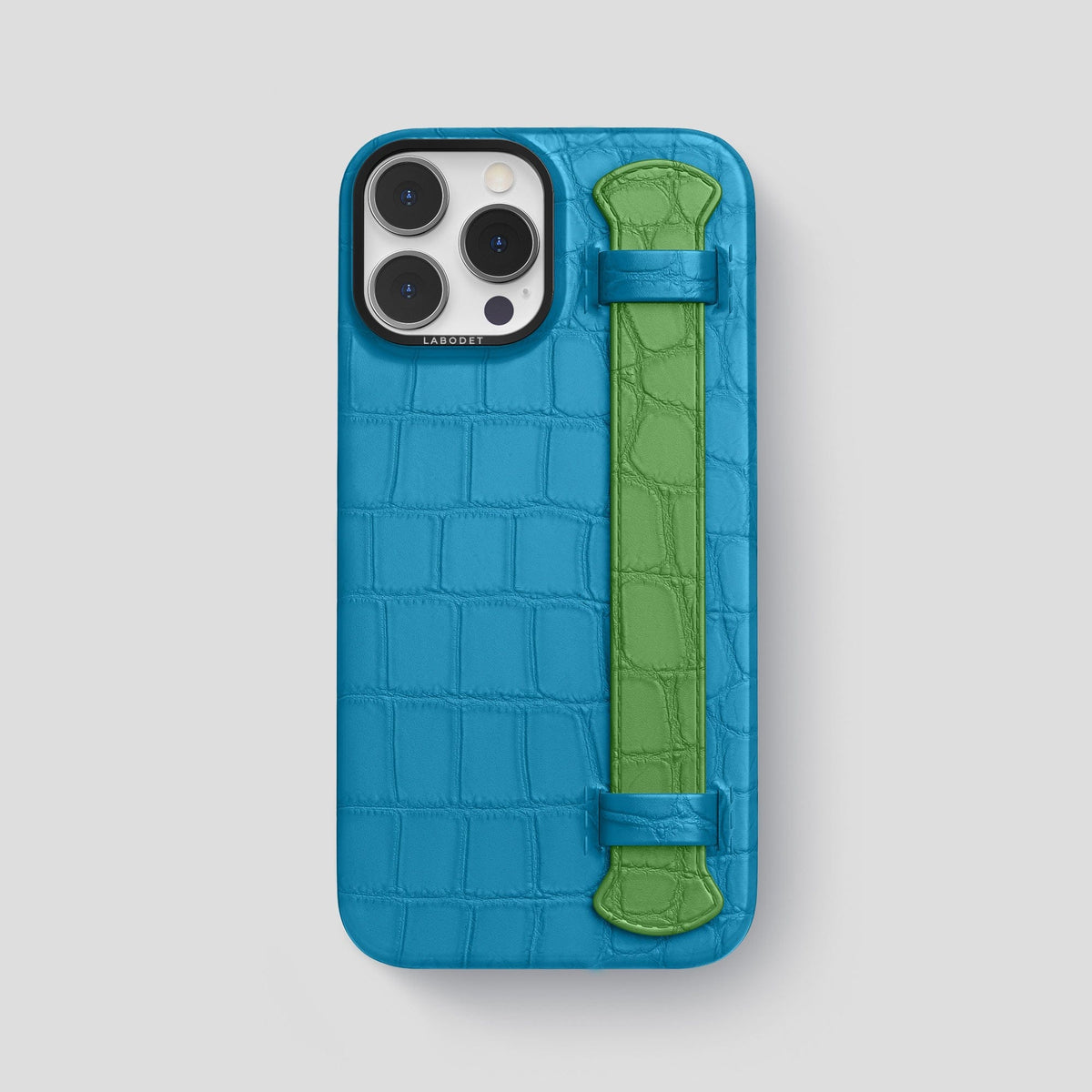 Curaçao-Blue-Apple-Green iPhone 13 Pro Max Strap Case Alligator with Black Metal -1 | Curaçao-Blue-Apple-Green-Black