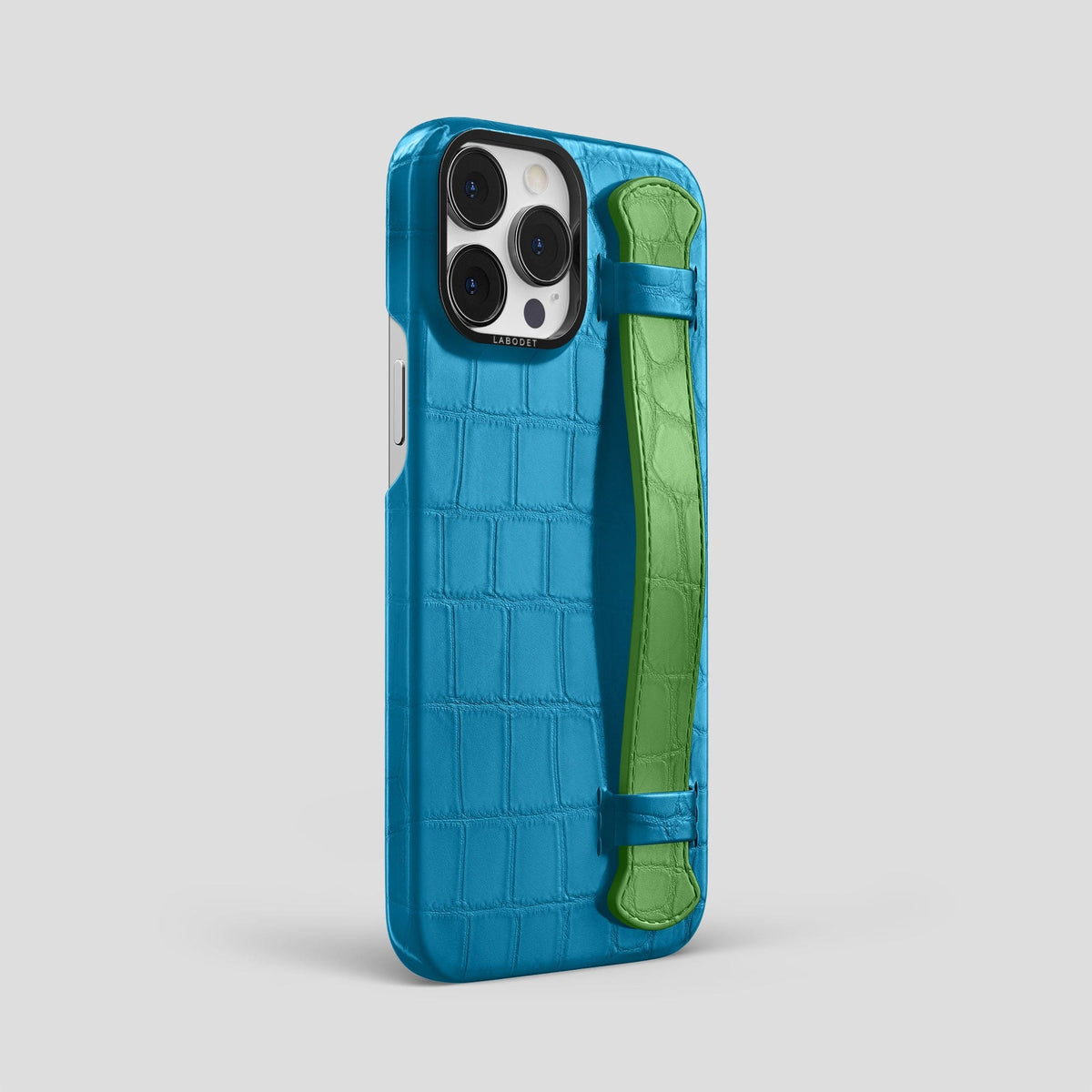 Curaçao-Blue-Apple-Green iPhone 13 Pro Max Strap Case Alligator with Black Metal -2 | Curaçao-Blue-Apple-Green-Black