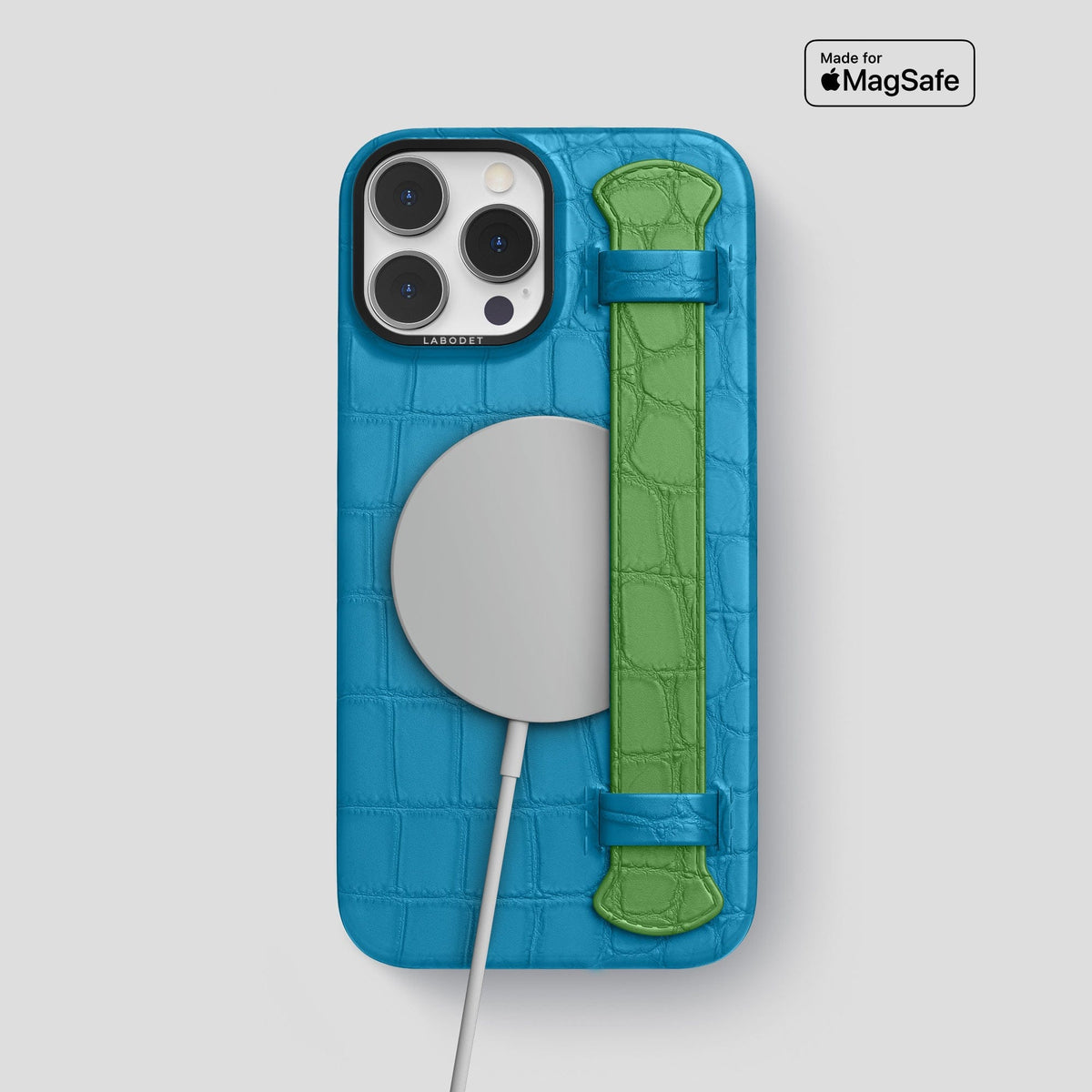 Curaçao-Blue-Apple-Green iPhone 13 Pro Max Strap Case Alligator with Black Metal -4 | Curaçao-Blue-Apple-Green-Black