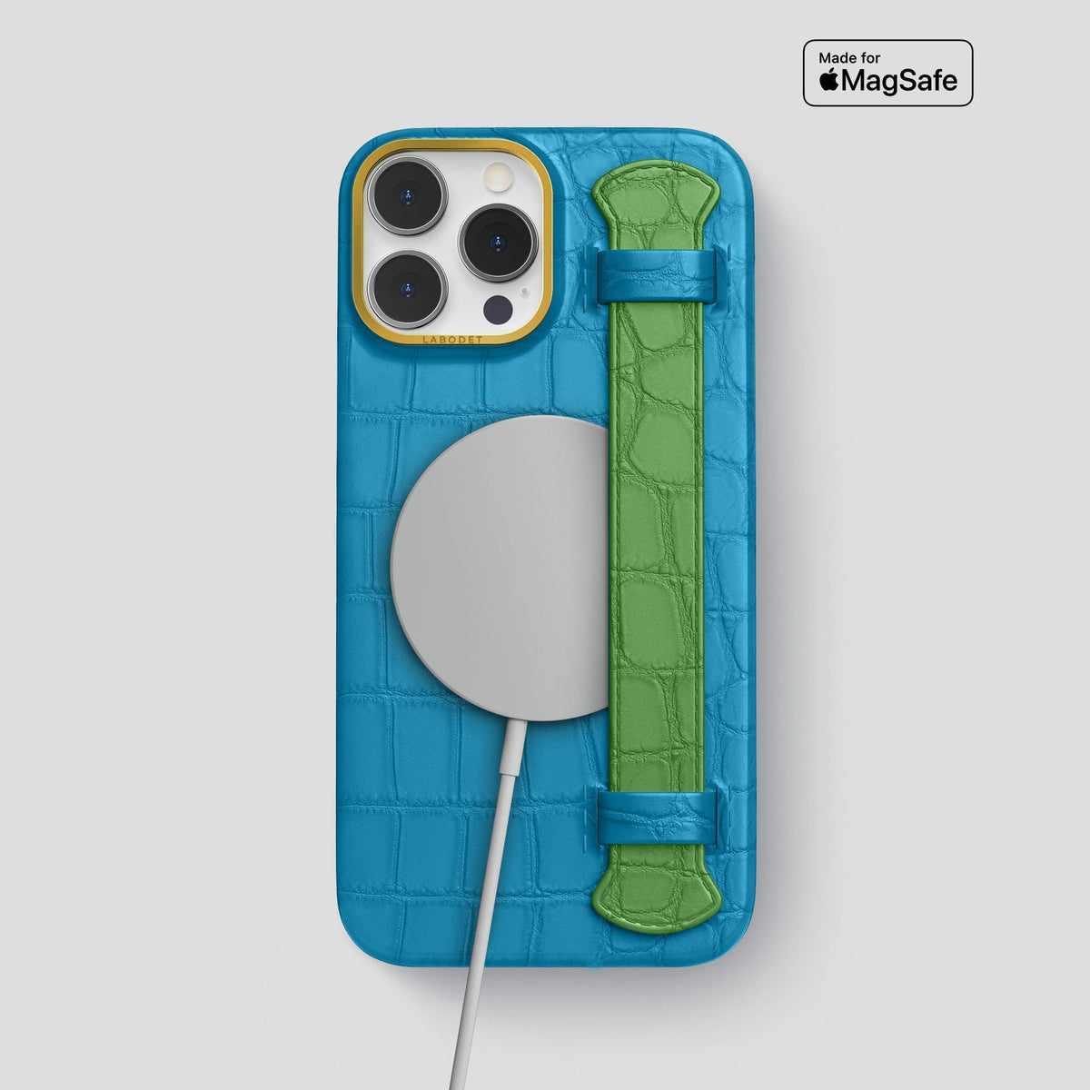 Curaçao-Blue-Apple-Green iPhone 13 Pro Max Strap Case Alligator with Gold Metal -4 | Curaçao-Blue-Apple-Green-Gold