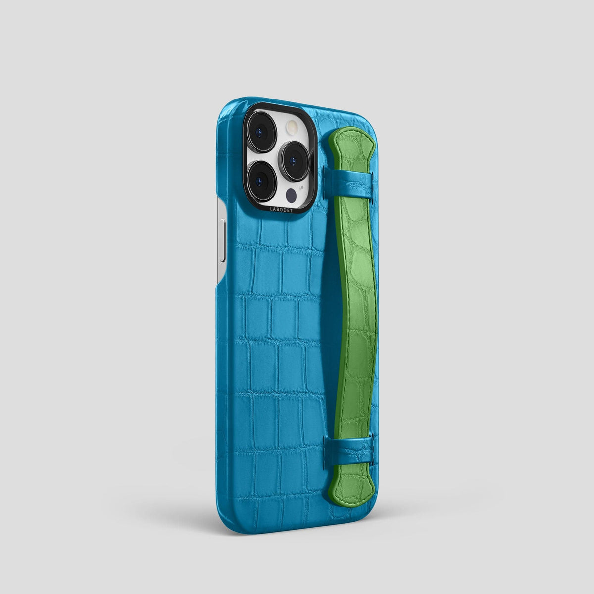 Curaçao-Blue-Apple-Green iPhone 13 Pro Strap Case Alligator with Black Metal -2 | Curaçao-Blue-Apple-Green-Black