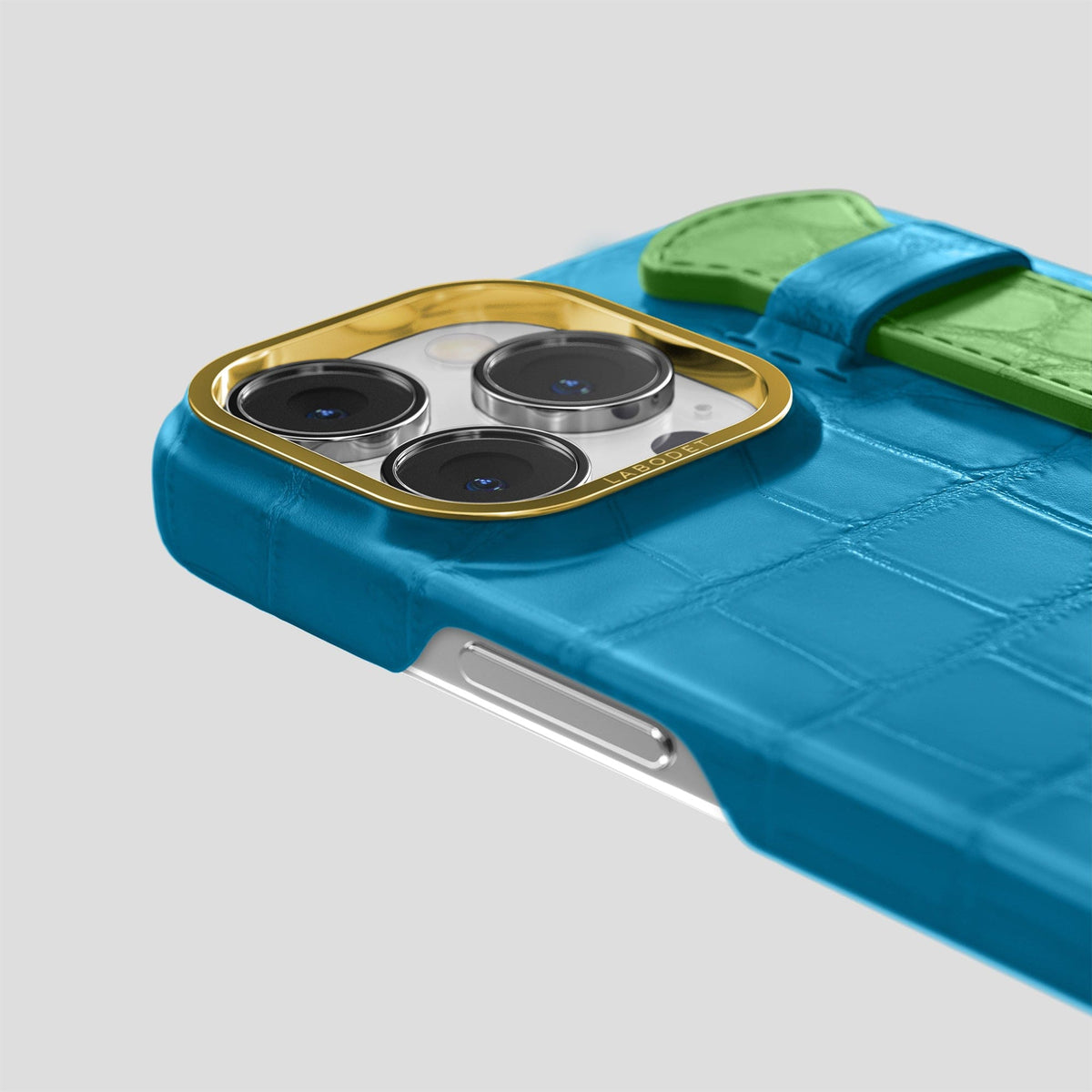 Curaçao-Blue-Apple-Green iPhone 13 Pro Strap Case Alligator with Gold Metal -5 | Curaçao-Blue-Apple-Green-Gold