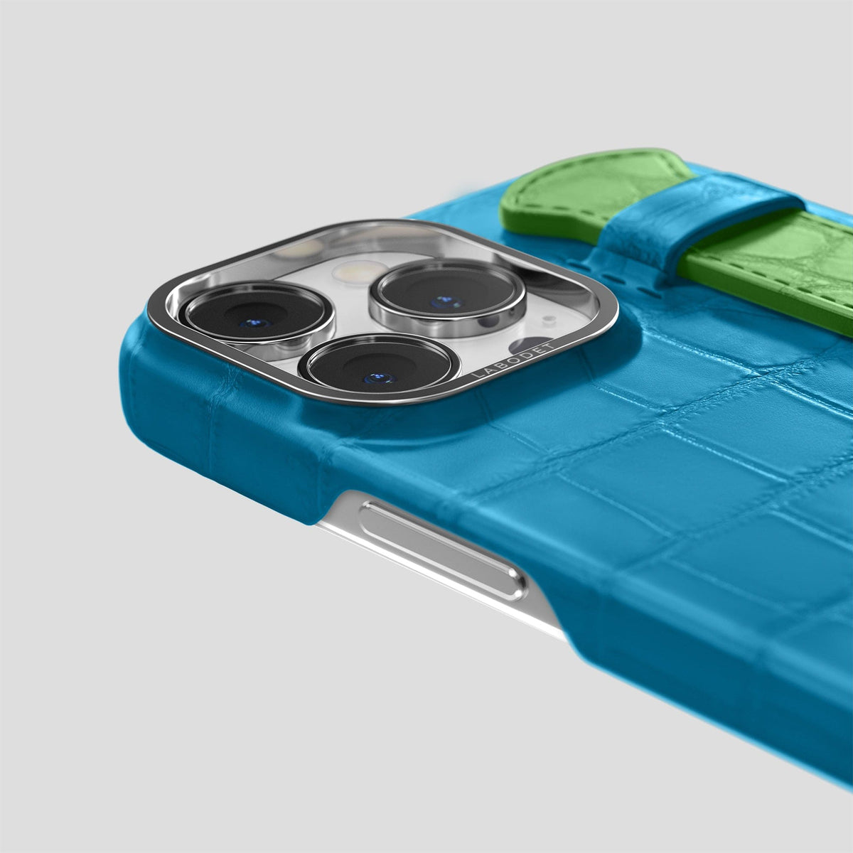 Curaçao-Blue-Apple-Green iPhone 13 Pro Strap Case Alligator with Steel Metal -5 | Curaçao-Blue-Apple-Green-Steel