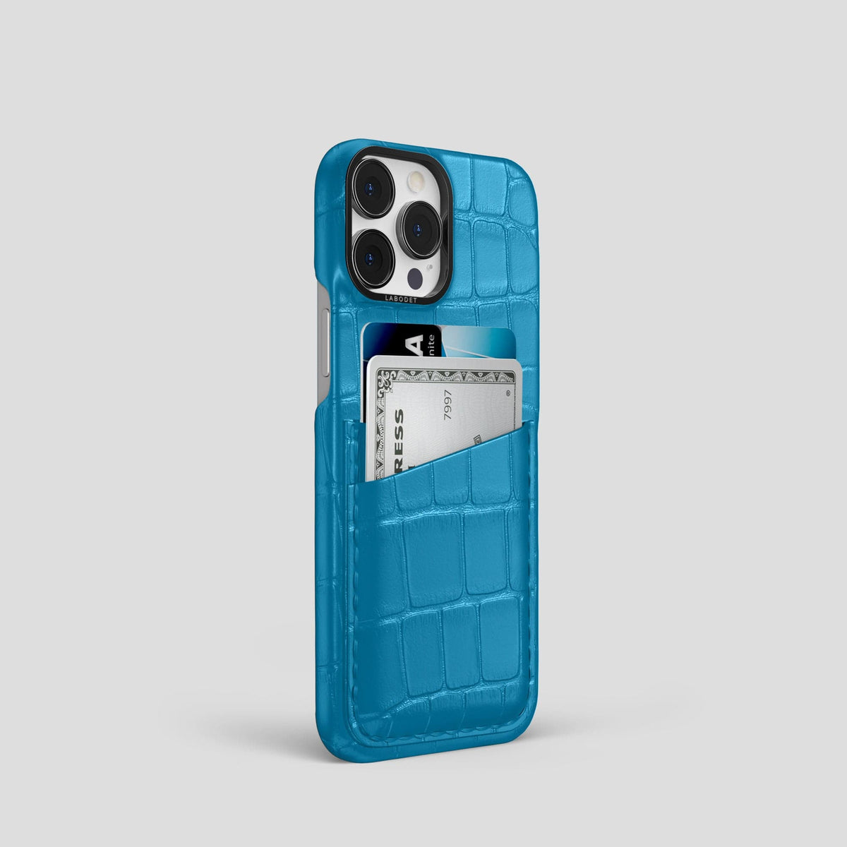 Curaçao-Blue iPhone 13 Pro Card Case Alligator with Black Metal -2 | Curaçao-Blue-Black