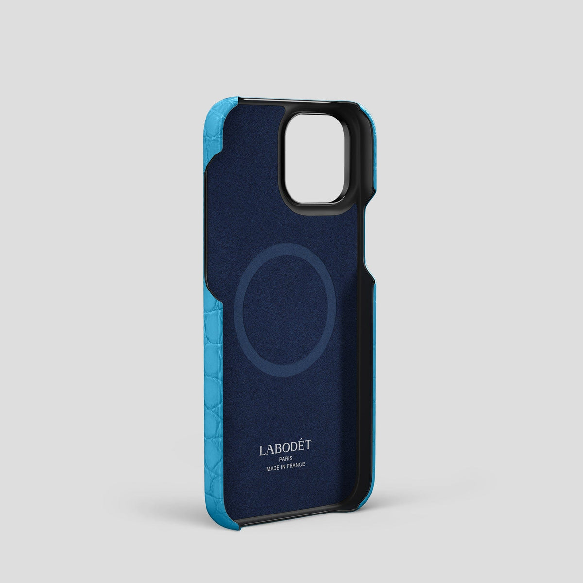 Curaçao-Blue iPhone 13 Pro Cardholder Strap Case Alligator with Black Metal -4 | Curaçao-Blue-Black