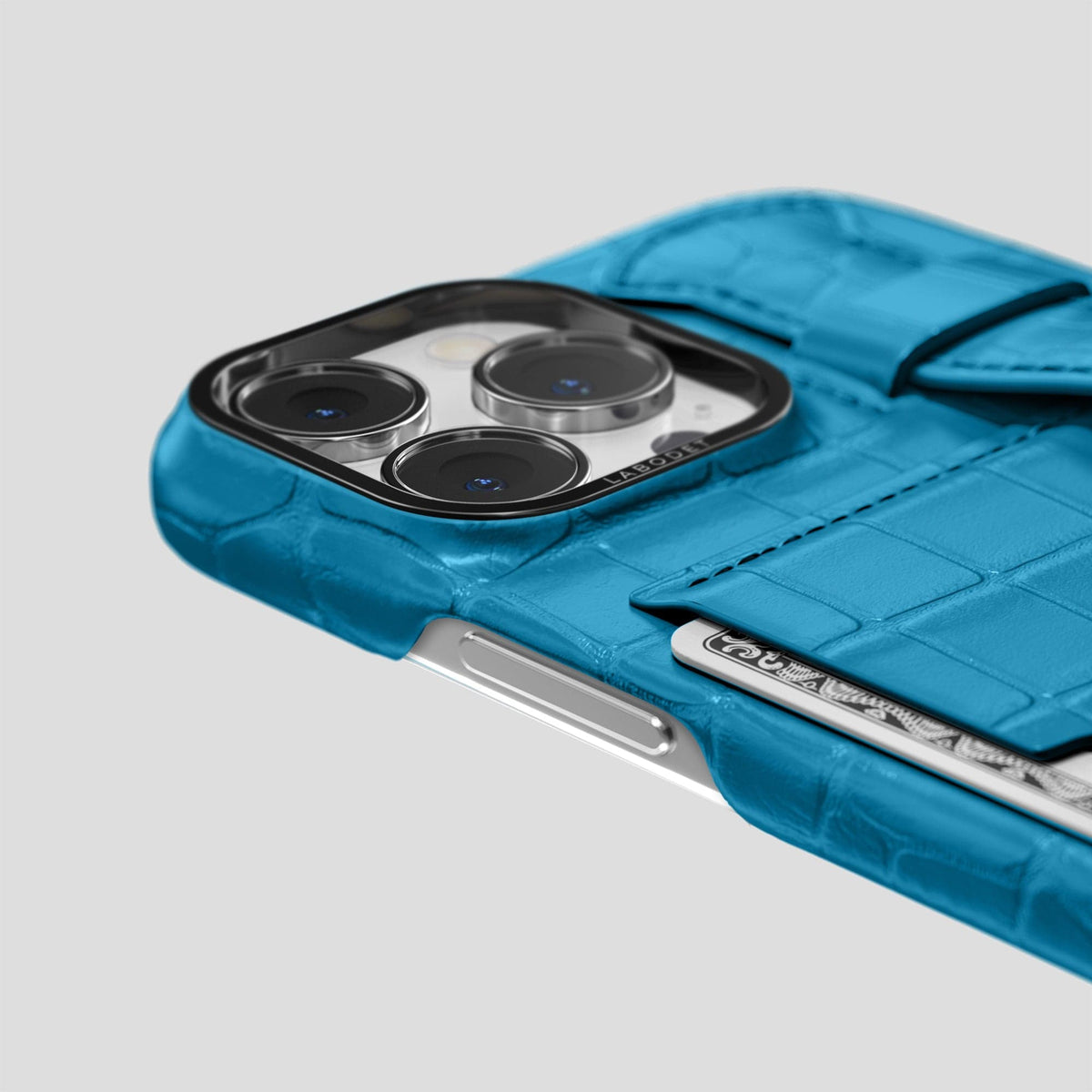 Curaçao-Blue iPhone 13 Pro Cardholder Strap Case Alligator with Black Metal -5 | Curaçao-Blue-Black