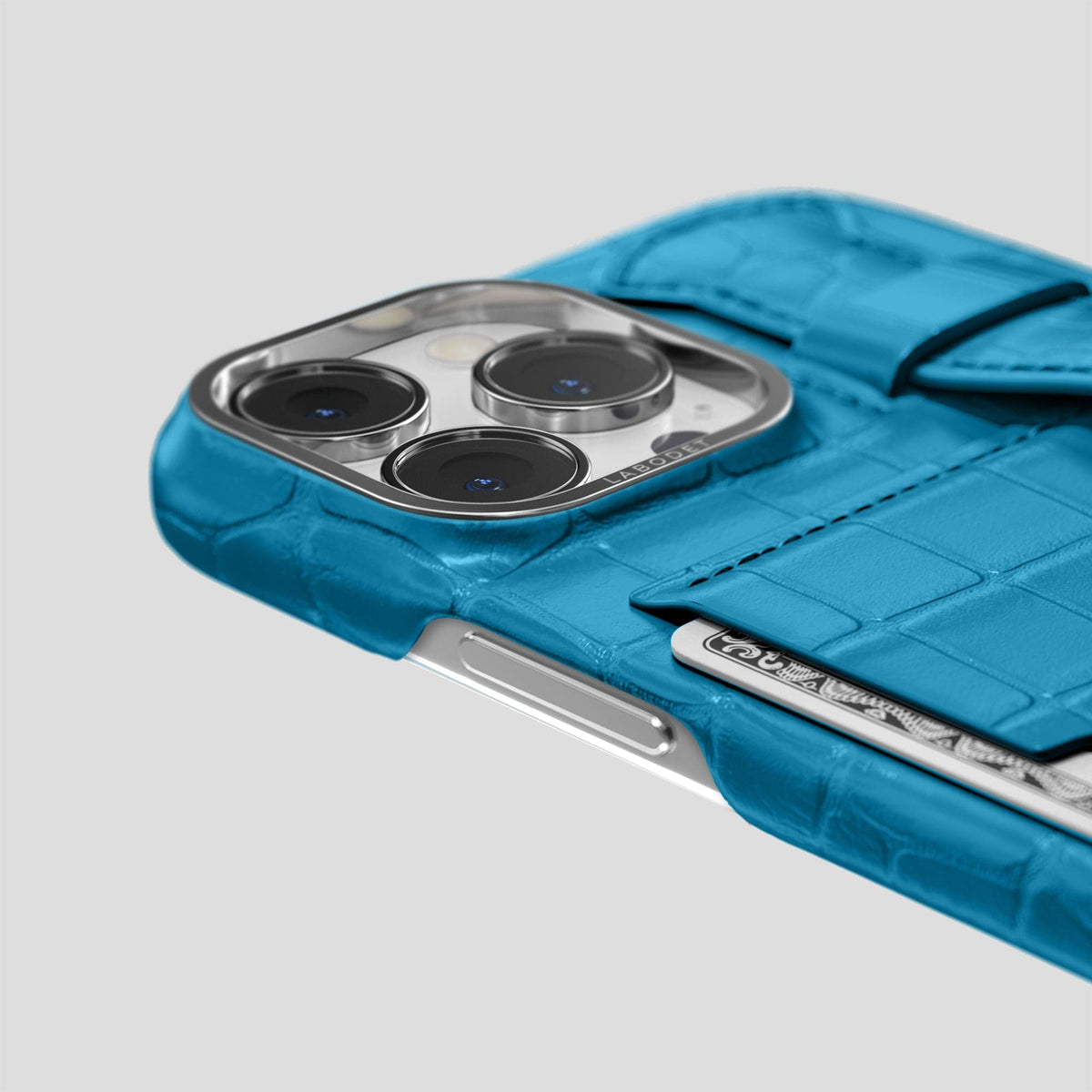 Curaçao-Blue iPhone 13 Pro Cardholder Strap Case Alligator with Steel Metal -5 | Curaçao-Blue-Steel