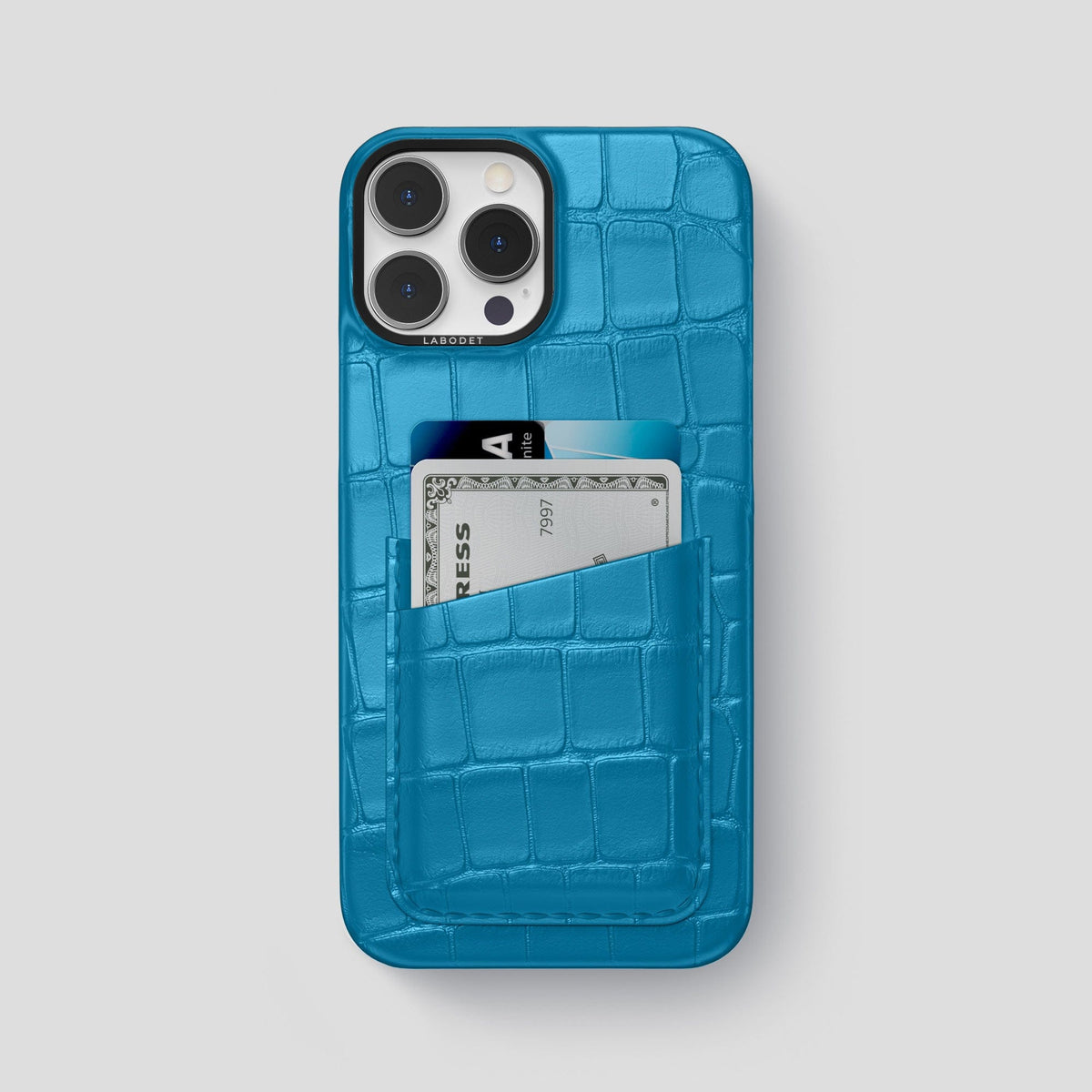 Curaçao-Blue iPhone 13 Pro Max Card Case Alligator with Black Metal -1 | Curaçao-Blue-Black