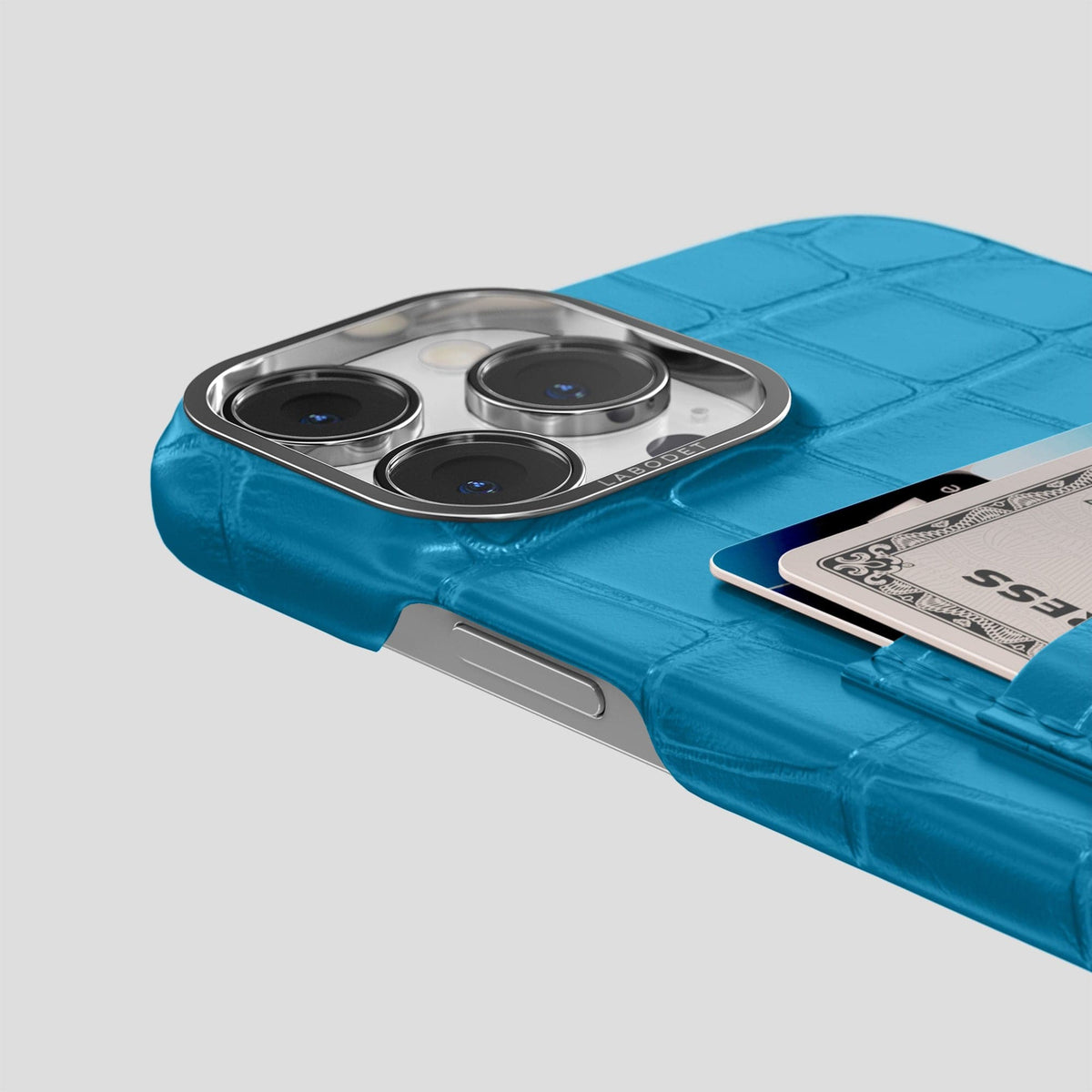 Curaçao-Blue iPhone 13 Pro Max Card Case Alligator with Steel Metal -5 | Curaçao-Blue-Steel
