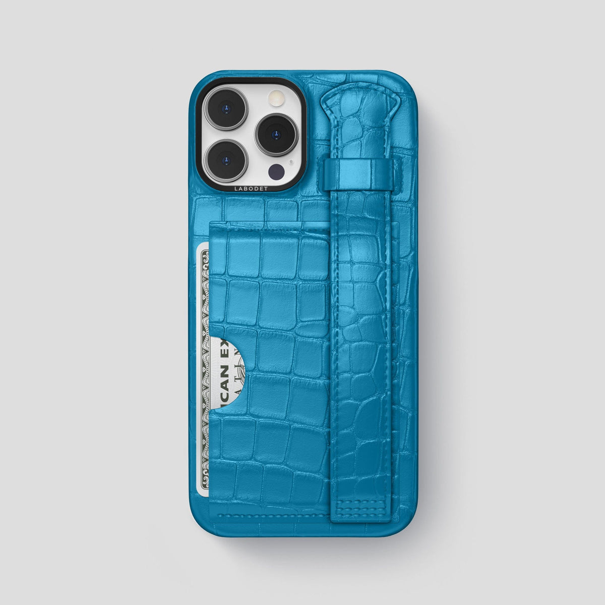 Curaçao-Blue iPhone 13 Pro Max Cardholder Strap Case Alligator with Black Metal -1 | Curaçao-Blue-Black