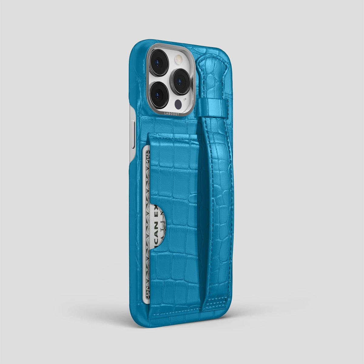 Curaçao-Blue iPhone 13 Pro Max Cardholder Strap Case Alligator with Steel Metal -2 | Curaçao-Blue-Steel