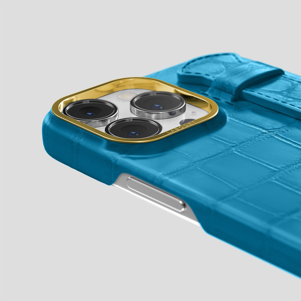Curaçao-Blue iPhone 13 Pro Max Strap Case Alligator with Gold Metal -5 | Curaçao-Blue-Gold