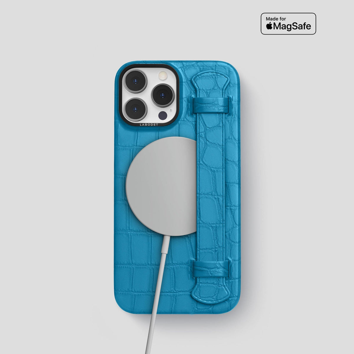 Curaçao-Blue iPhone 13 Pro Strap Case Alligator with Black Metal -4 | Curaçao-Blue-Black