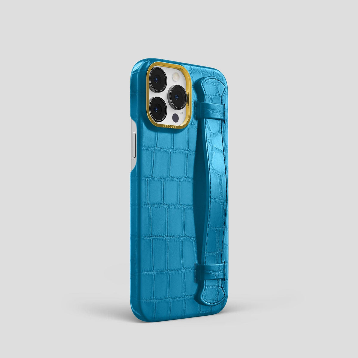 Curaçao-Blue iPhone 13 Pro Strap Case Alligator with Gold Metal -2 | Curaçao-Blue-Gold