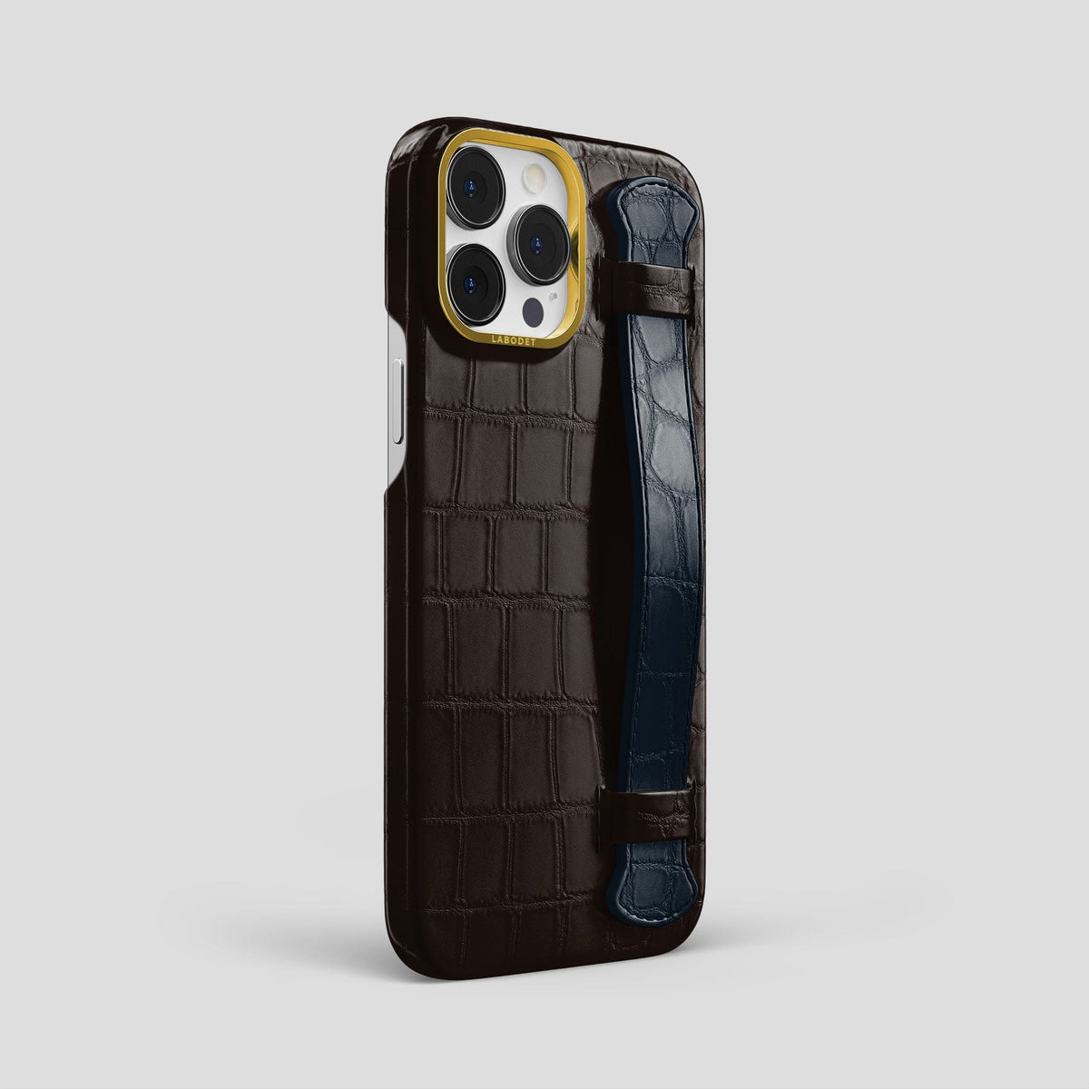 Dark-Brown-Navy-Blue iPhone 13 Pro Max Strap Case Alligator with Gold Metal -2 | Dark-Brown-Navy-Blue-Gold