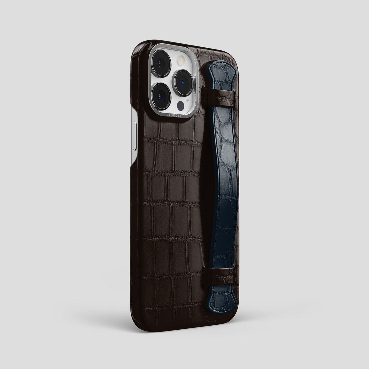 Dark-Brown-Navy-Blue iPhone 13 Pro Max Strap Case Alligator with Steel Metal -2 | Dark-Brown-Navy-Blue-Steel