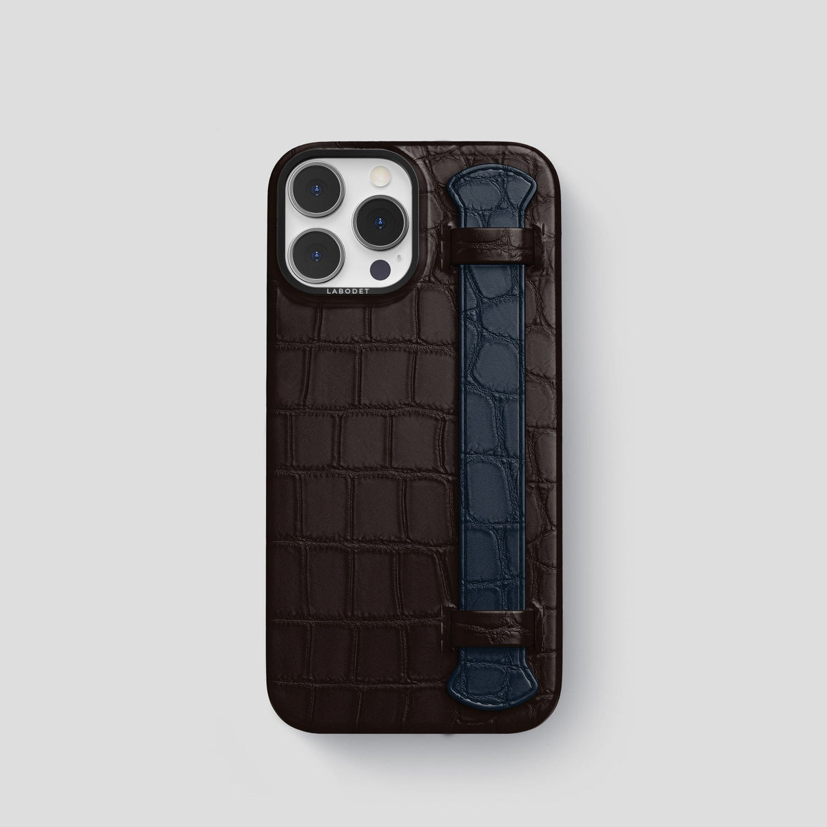 Dark-Brown-Navy-Blue iPhone 13 Pro Strap Case Alligator with Black Metal -1 | Dark-Brown-Navy-Blue-Black