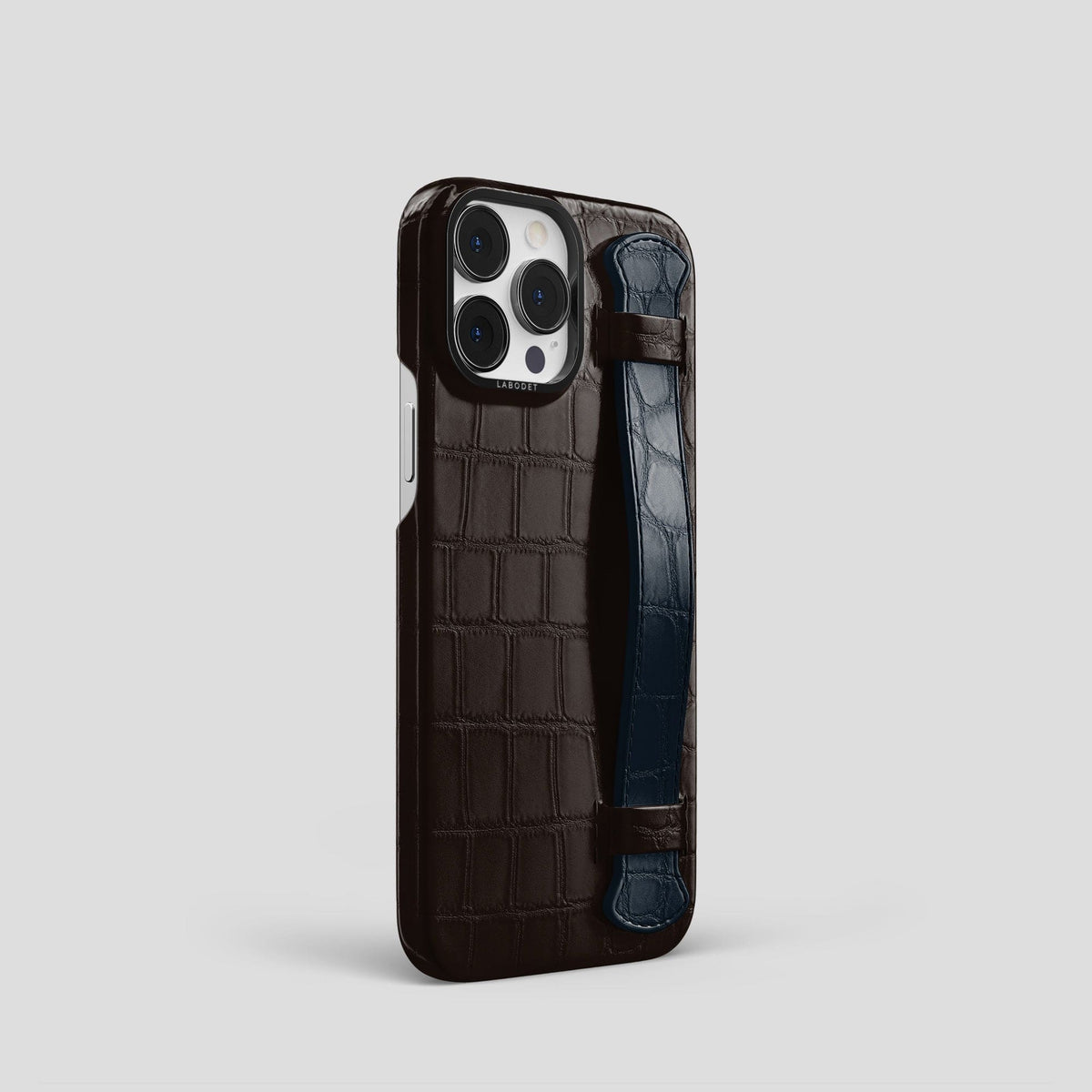 Dark-Brown-Navy-Blue iPhone 13 Pro Strap Case Alligator with Black Metal -2 | Dark-Brown-Navy-Blue-Black