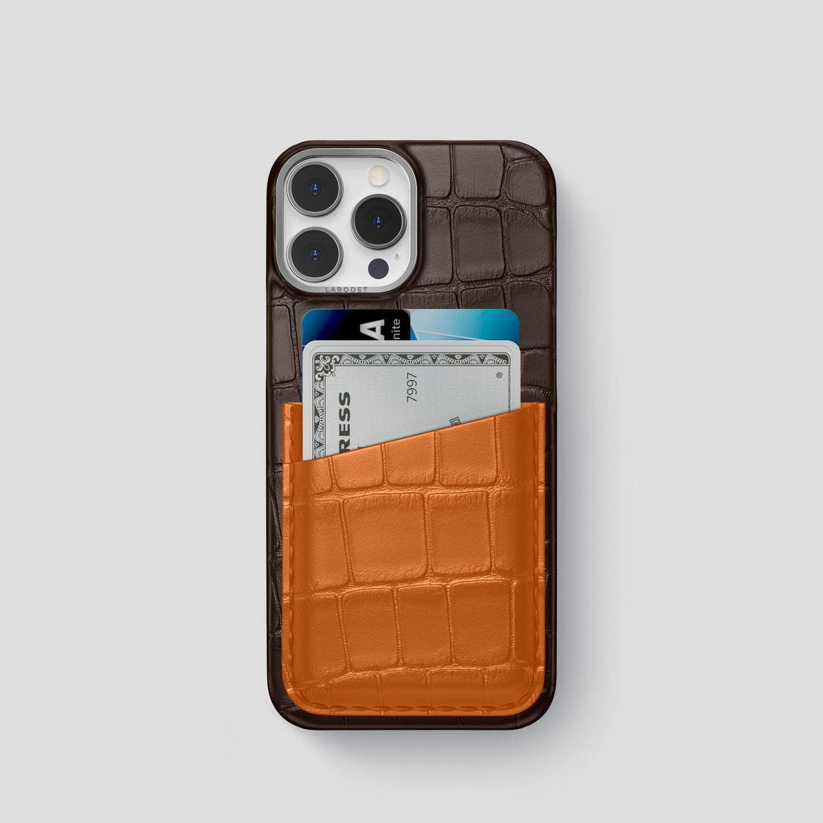 Dark-Brown-Orange iPhone 13 Pro Card Case Alligator with Steel Metal -1 | Dark-Brown-Orange-Steel