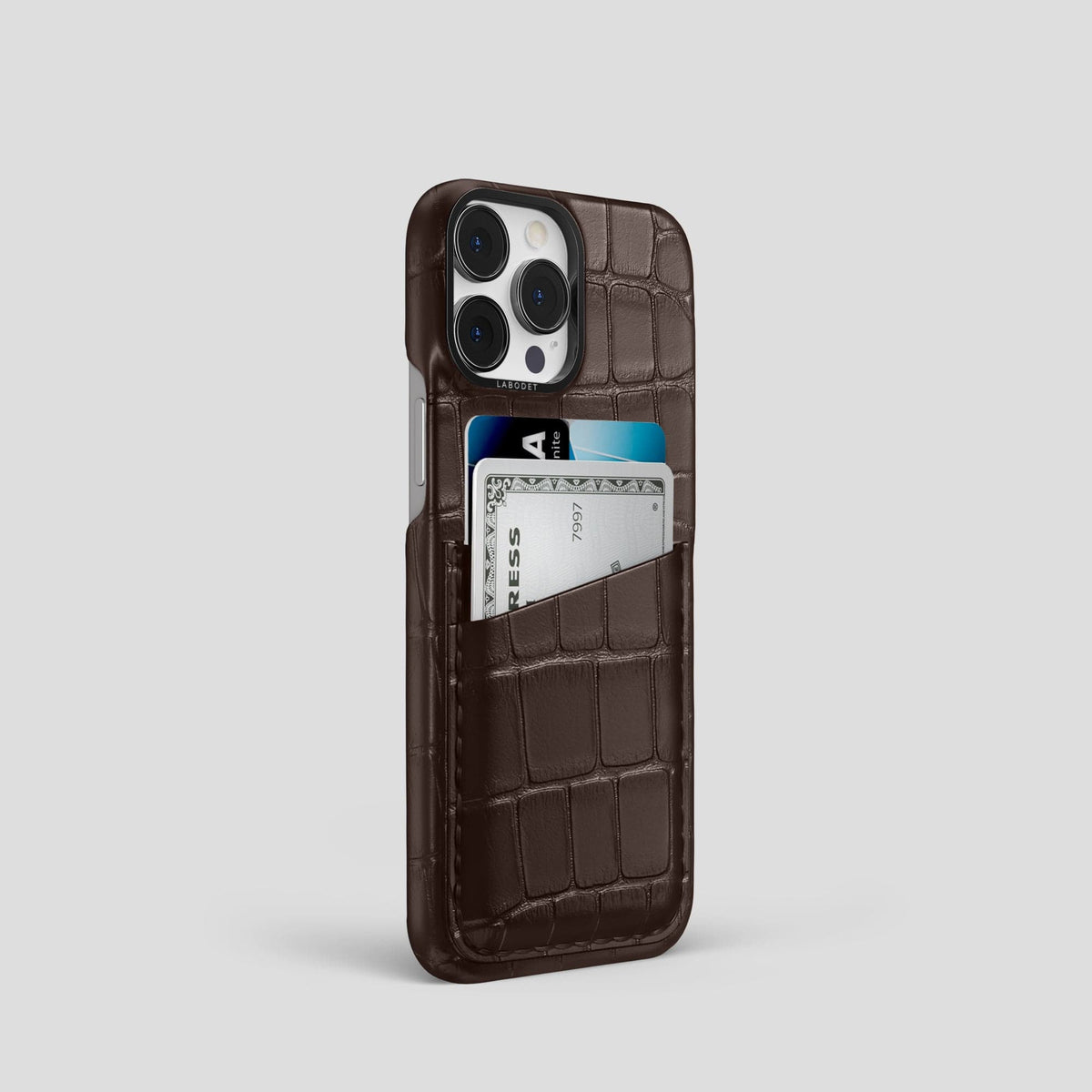 Dark Brown iPhone 13 Pro Card Case Alligator with Black Metal -2 | Dark-Brown-Black