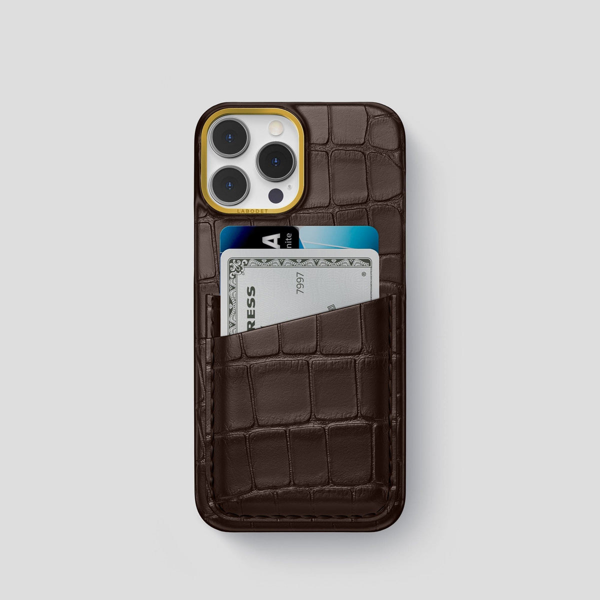 Dark Brown iPhone 13 Pro Card Case Alligator with Gold Metal -1 | Dark-Brown-Gold